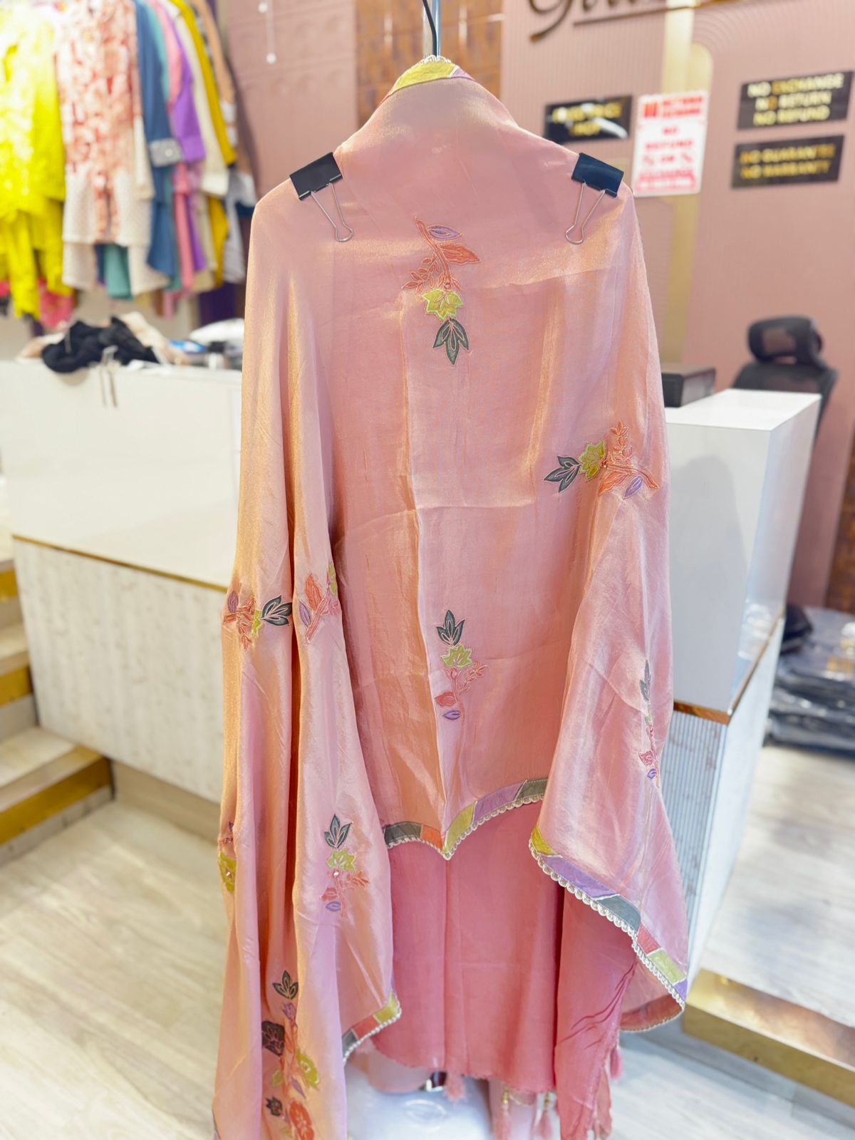 Peach Multicolor Embroidered Unstitched Suit with Tassel Detailing