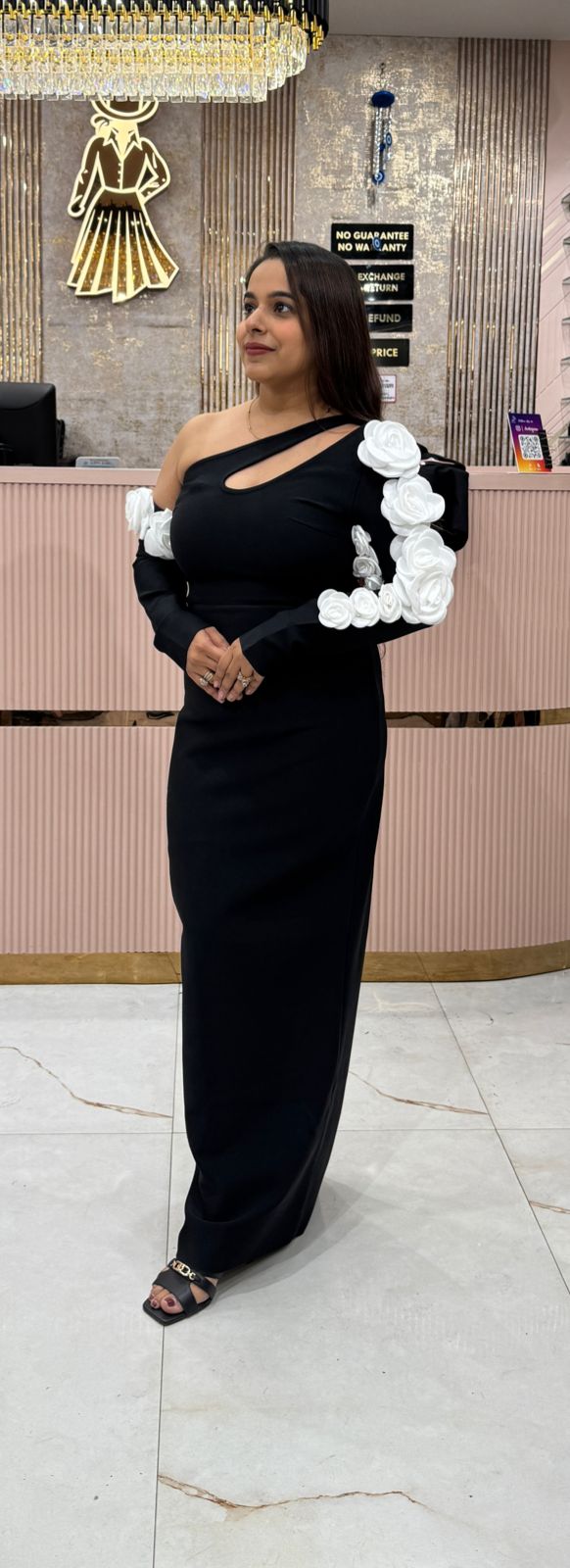 Black One-Shoulder Bodycon Gown with 3D White Floral Appliqué
