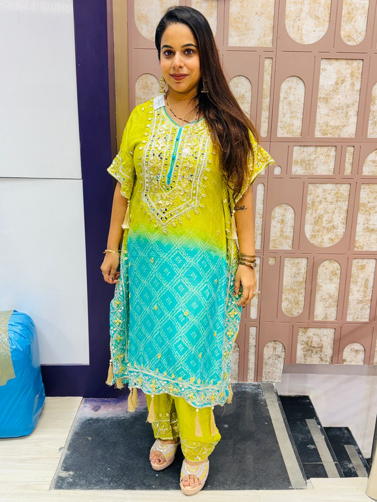 Lime Green & Aqua Blue Geometric Embroidered Kaftan Suit