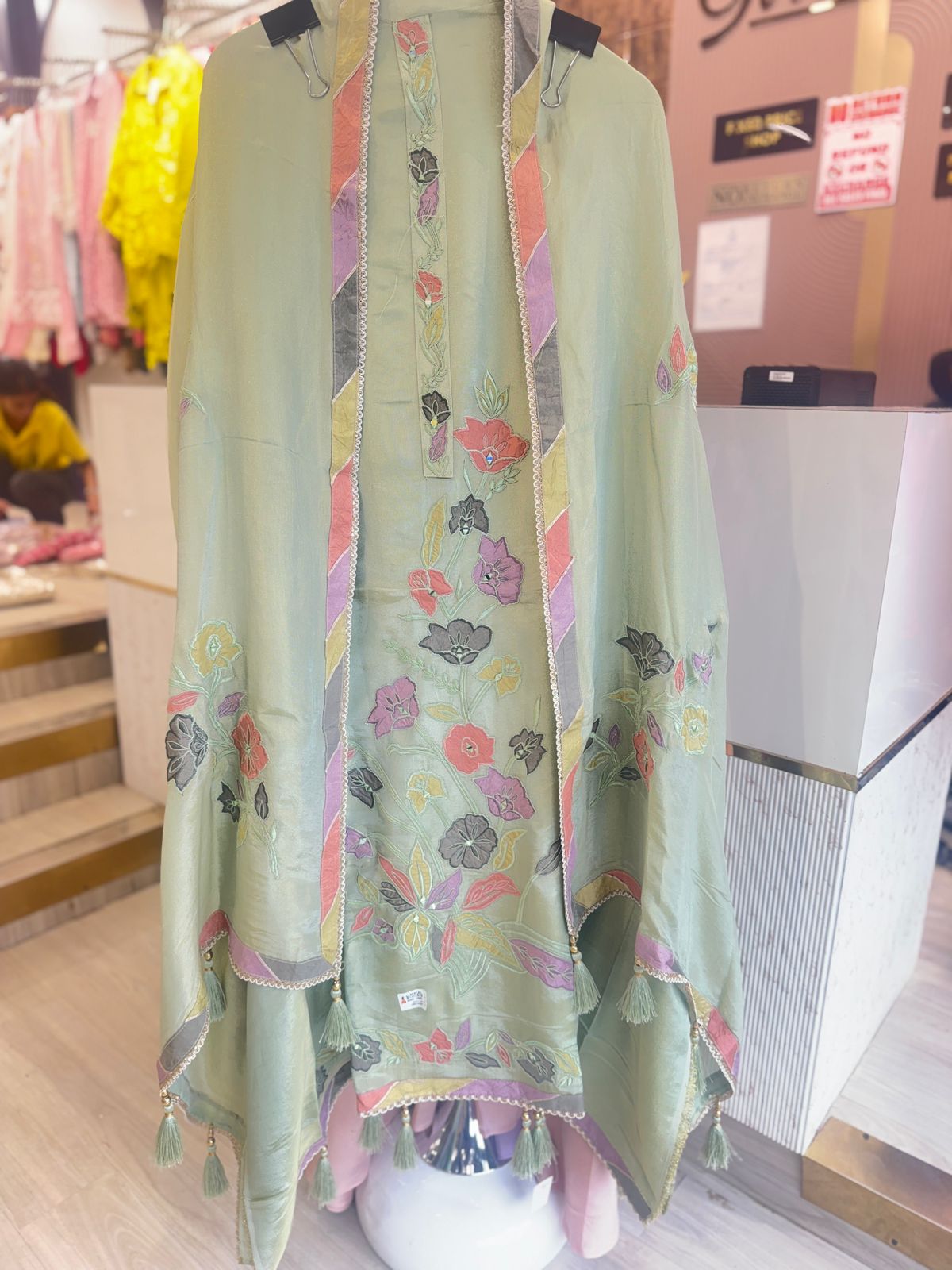 Sea Green Multicolor Embroidered Unstitched Suit with Tassel Detailing