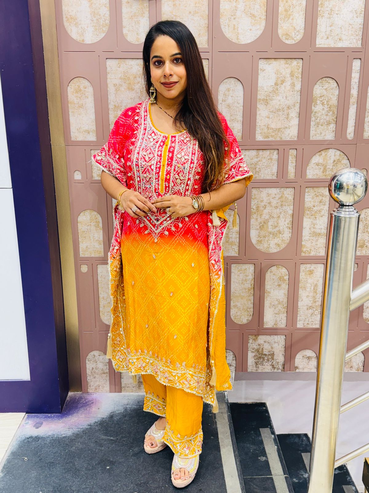 Red & Mustard Yellow Geometric Embroidered Kaftan Suit