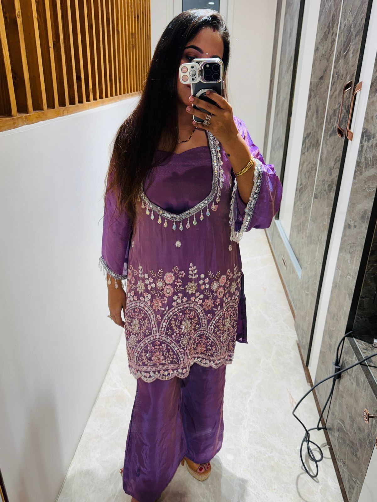 Purple Colour 3 Piece Co-ord Set with Heavy Embroidery and Tassel Detailing