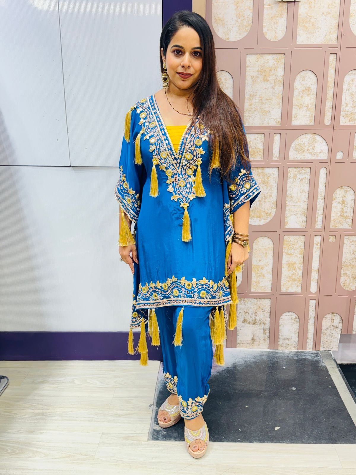 Royal Blue Embroidered Kaftan-Style Suit with Tassel Detailing