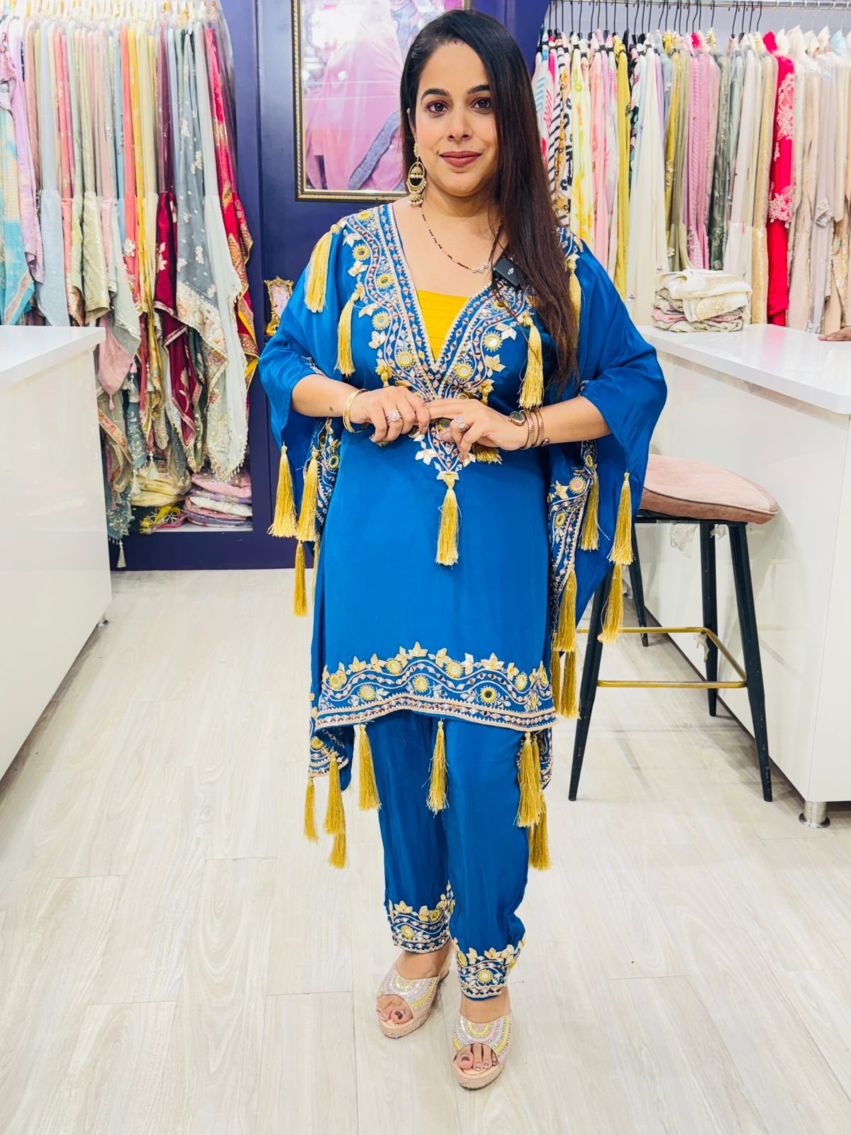 Royal Blue Embroidered Kaftan-Style Suit with Tassel Detailing