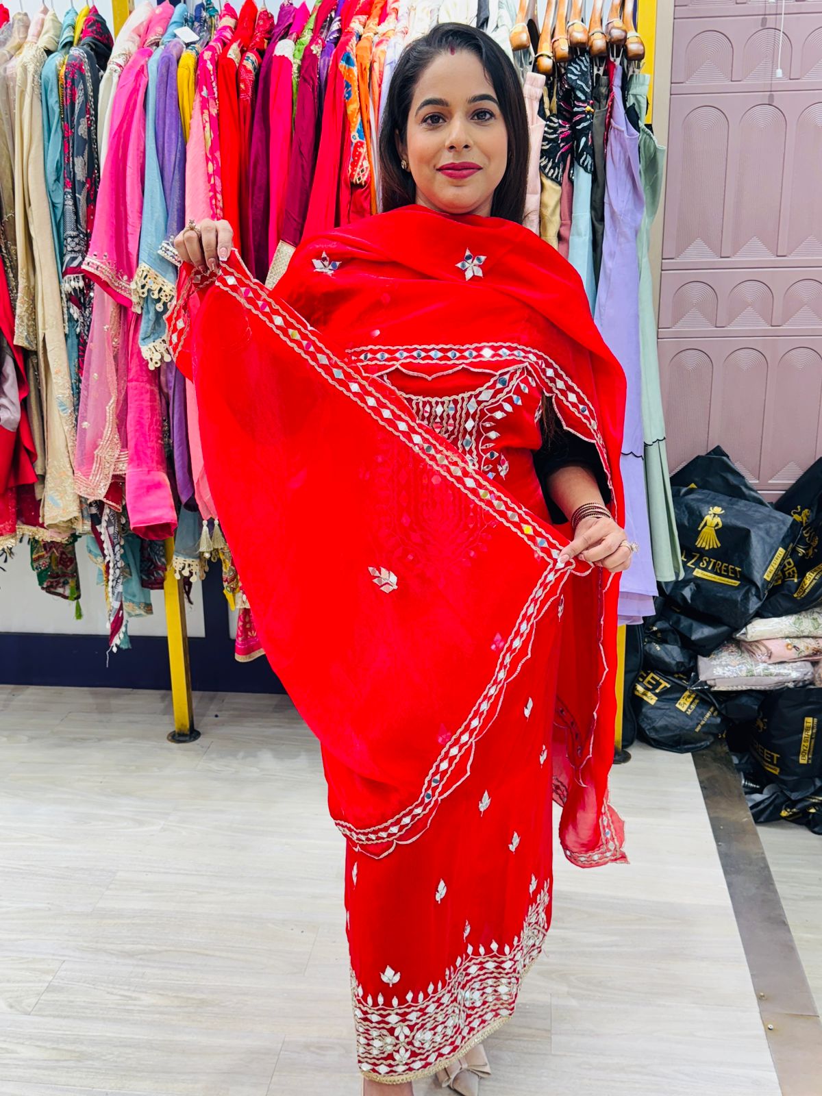 Red Jimmy Choo Fabric Unstitched Suit with Embroidery Work