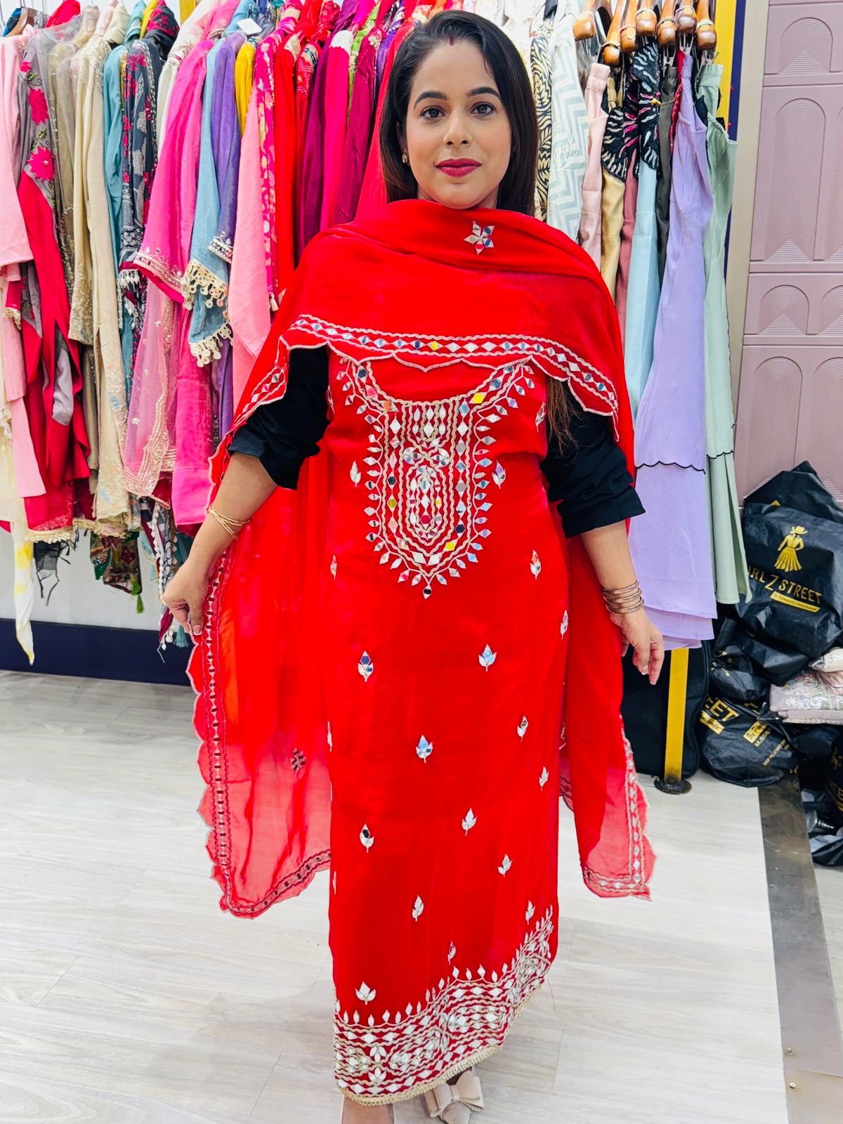 Red Jimmy Choo Fabric Unstitched Suit with Embroidery Work