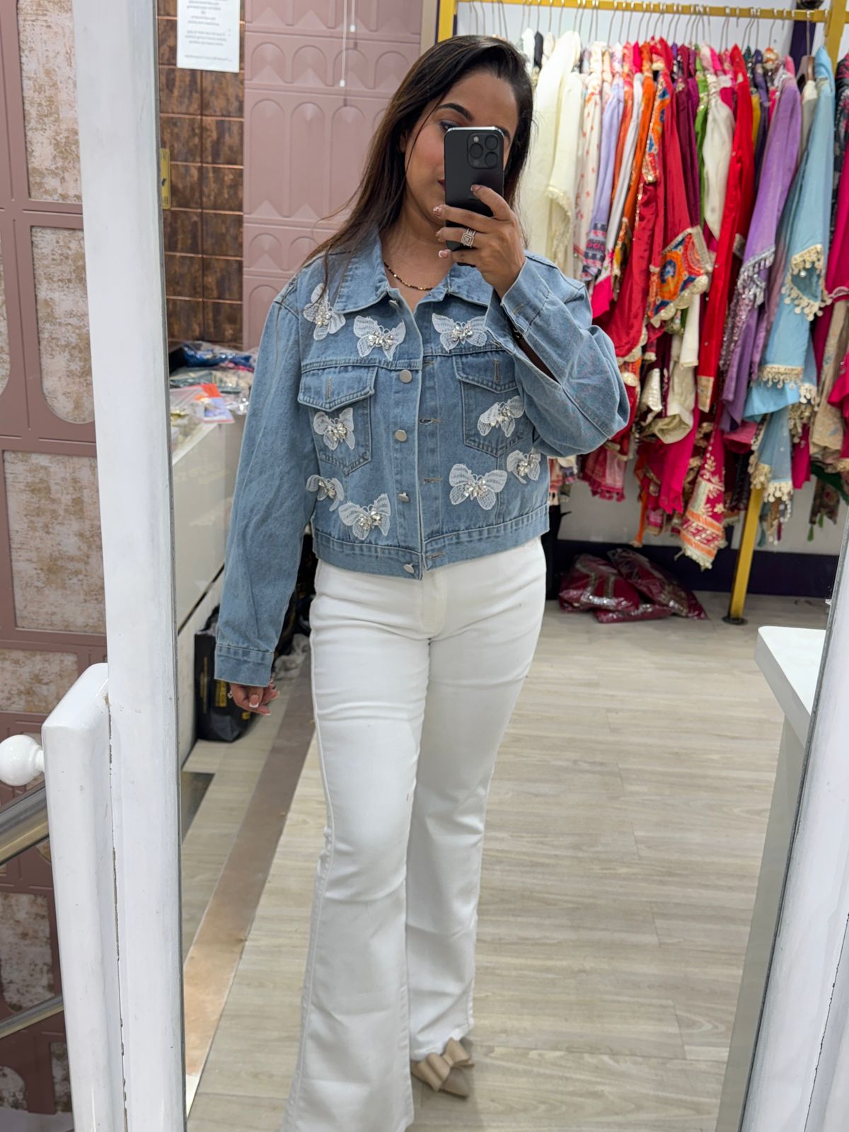Blue Denim Jacket with White Butterfly Embroidery