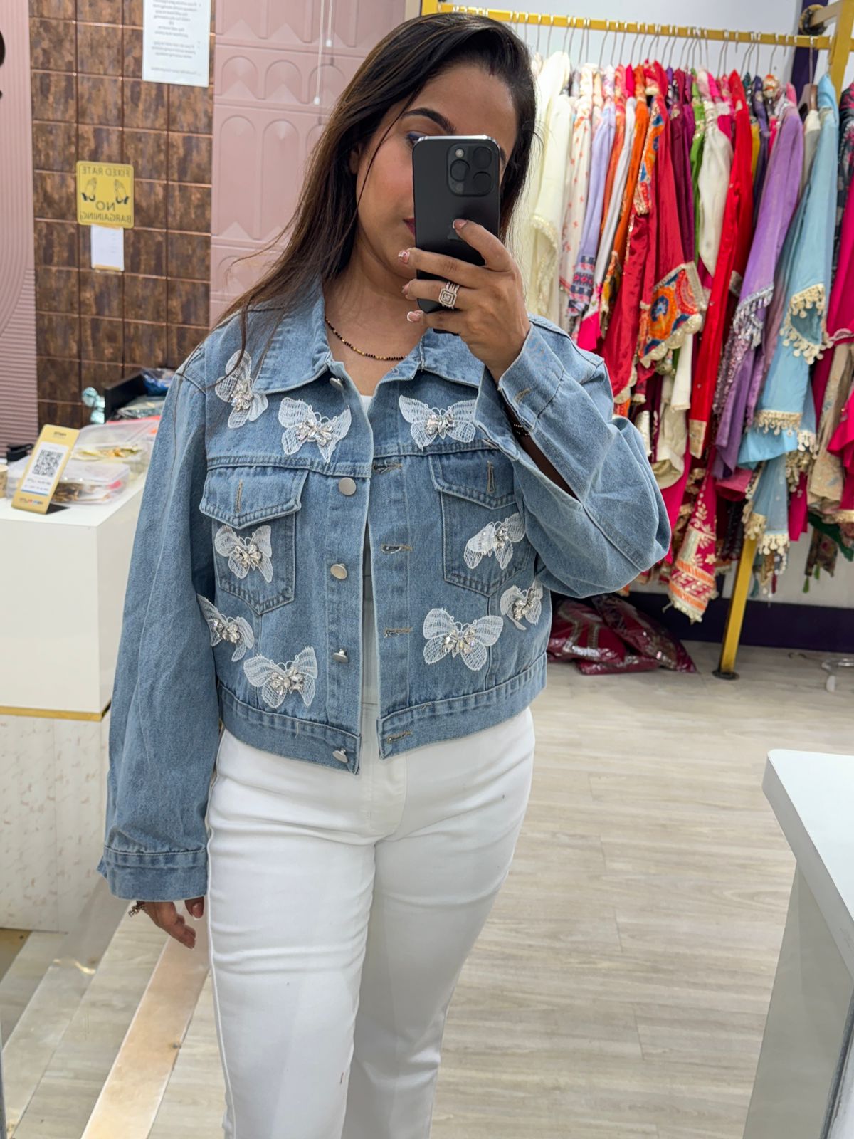 Blue Denim Jacket with White Butterfly Embroidery