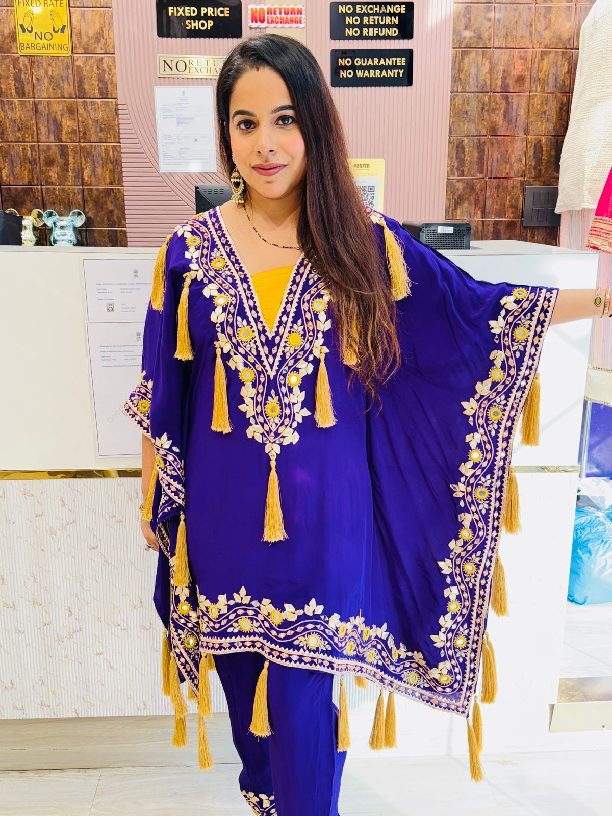 Royal Blue Pure Crepe Kaftan Set with Mirror Work & Tassel Detailing