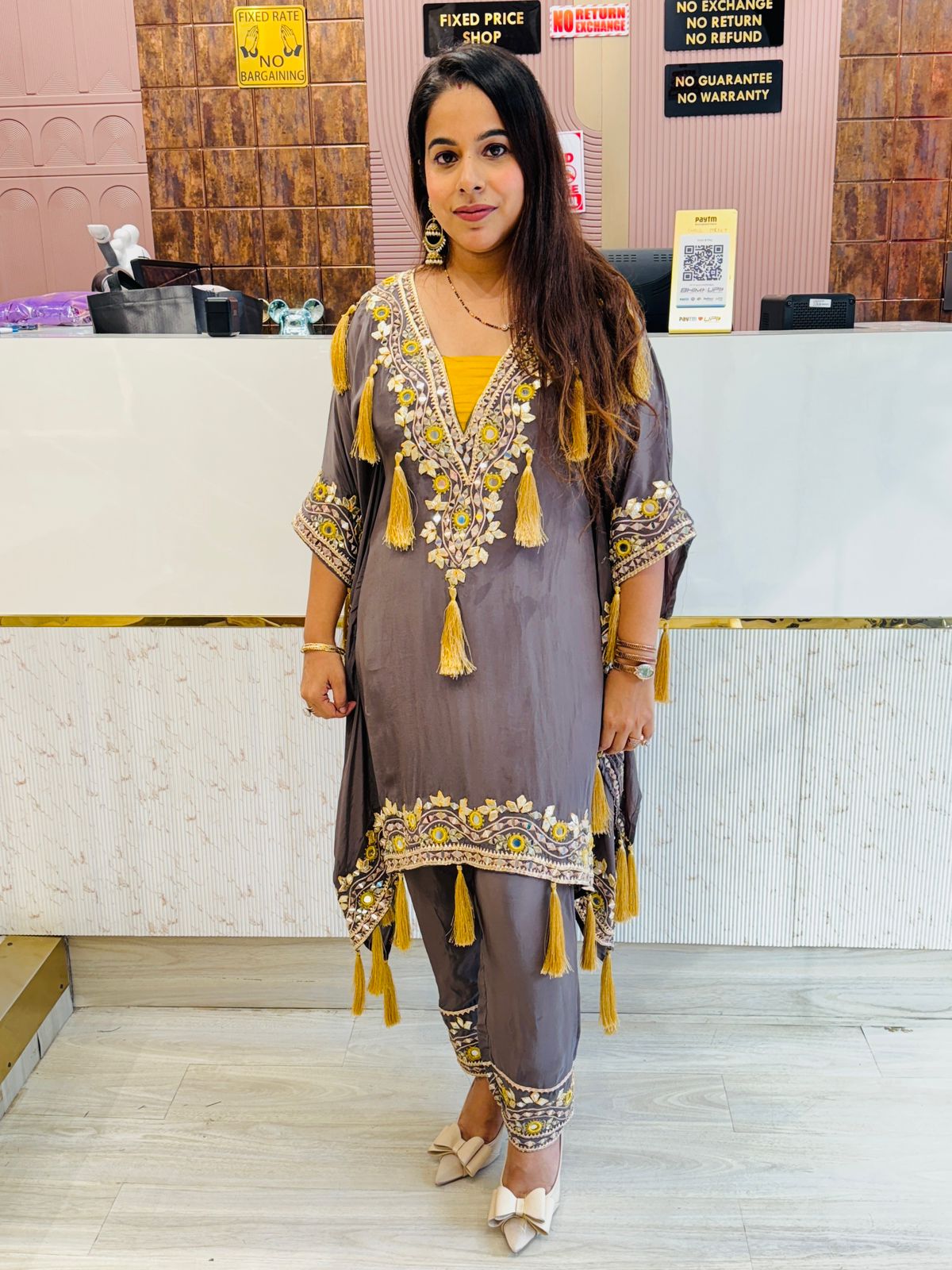 Grey Colour Pure Crepe Kaftan Set with Mirror Work & Tassel Detailing
