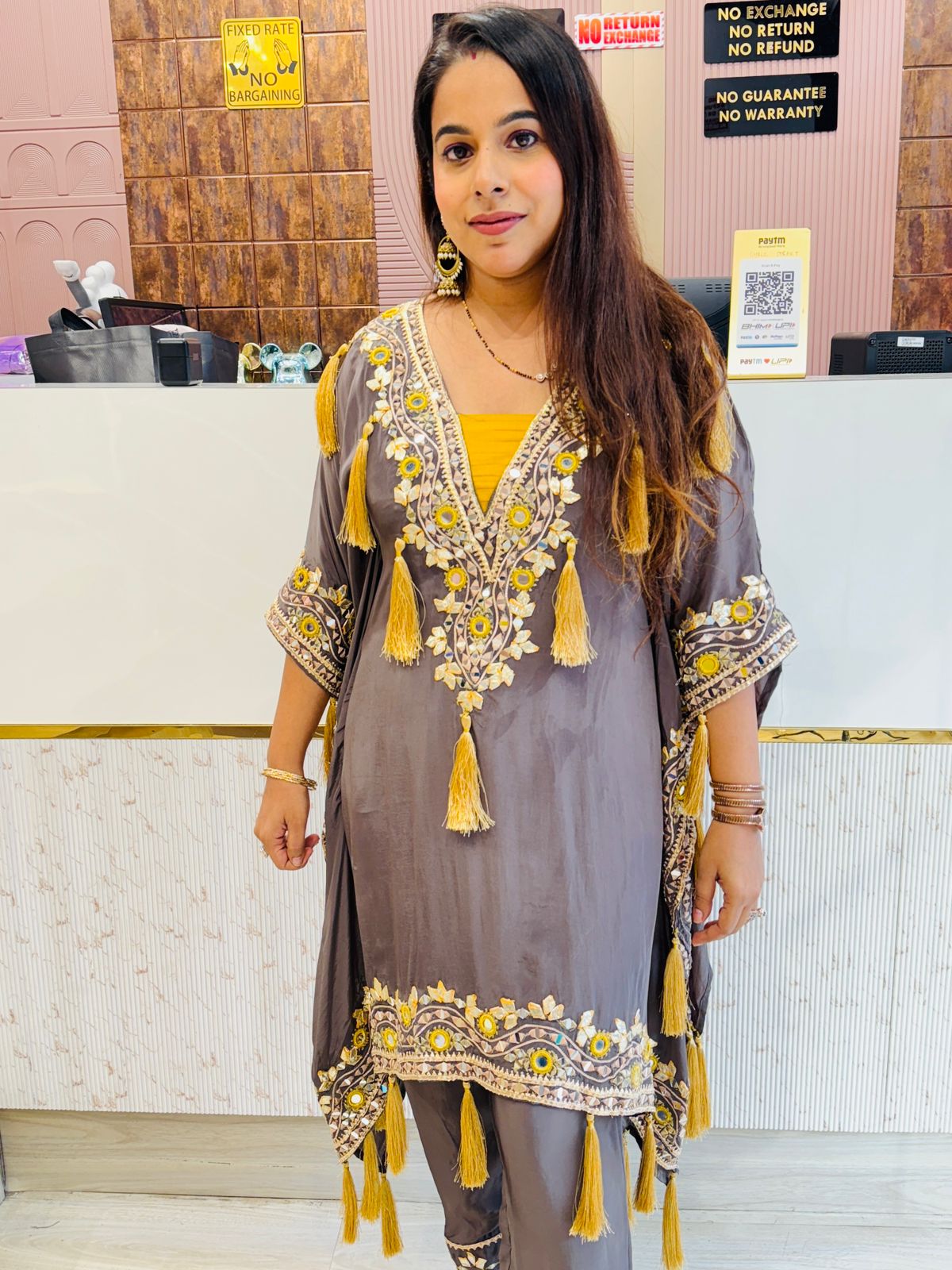Grey Colour Pure Crepe Kaftan Set with Mirror Work & Tassel Detailing