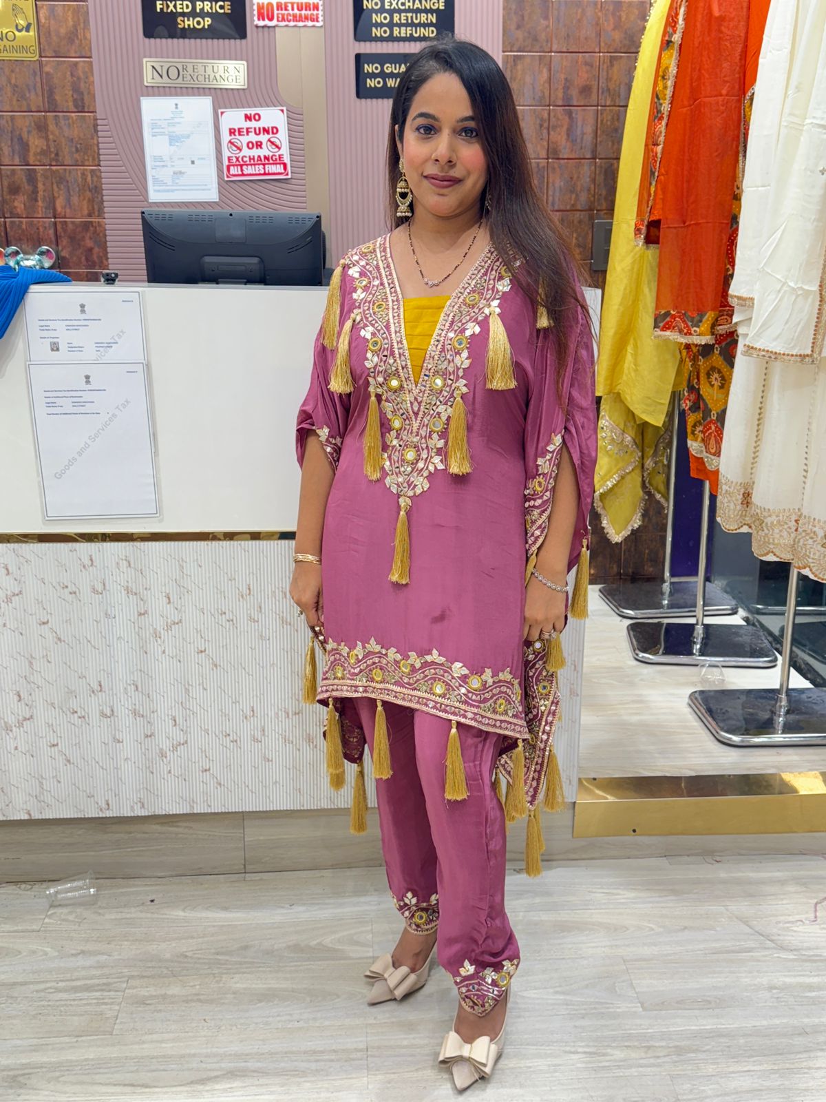 Peach Colour Pure Crepe Kaftan Set with Mirror Work & Tassel Detailing
