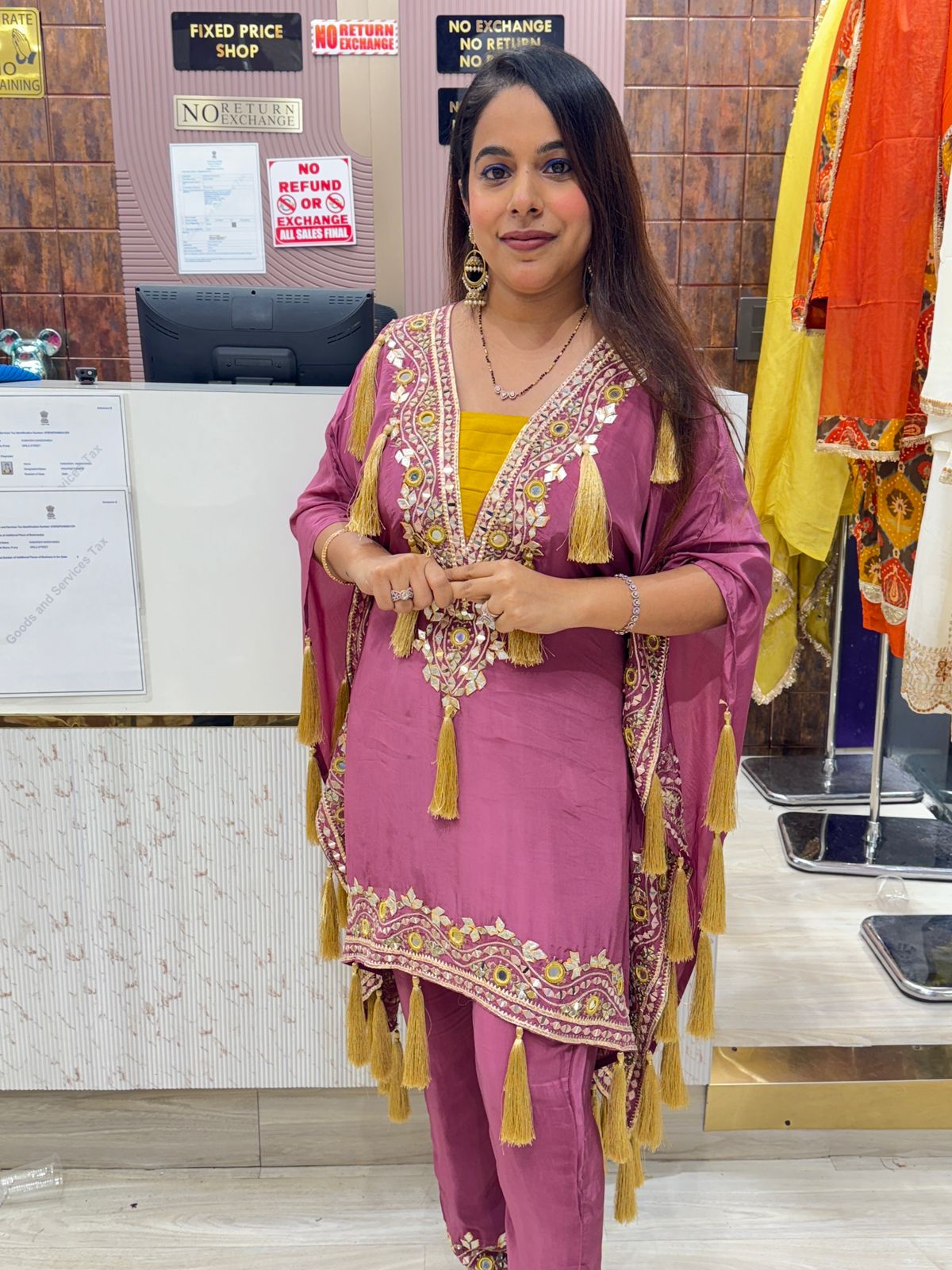 Peach Colour Pure Crepe Kaftan Set with Mirror Work & Tassel Detailing