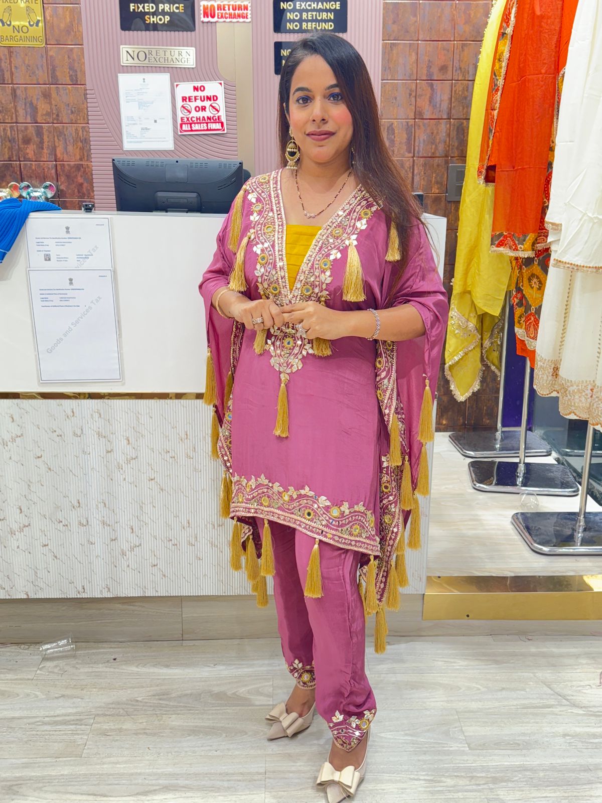 Peach Colour Pure Crepe Kaftan Set with Mirror Work & Tassel Detailing
