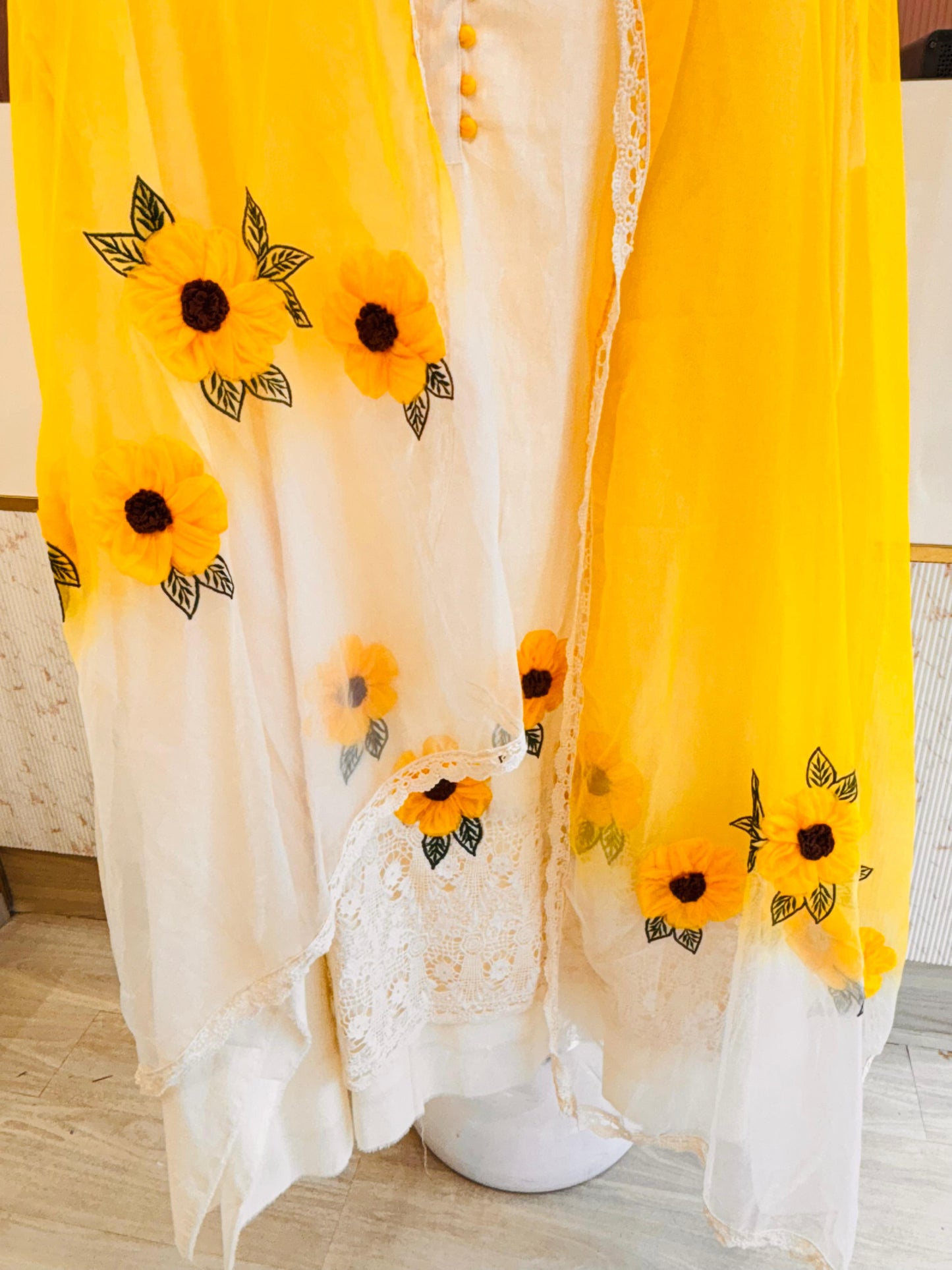 Yellow & White Cotton Unstitched Suit Set with Sunflower Dupatta
