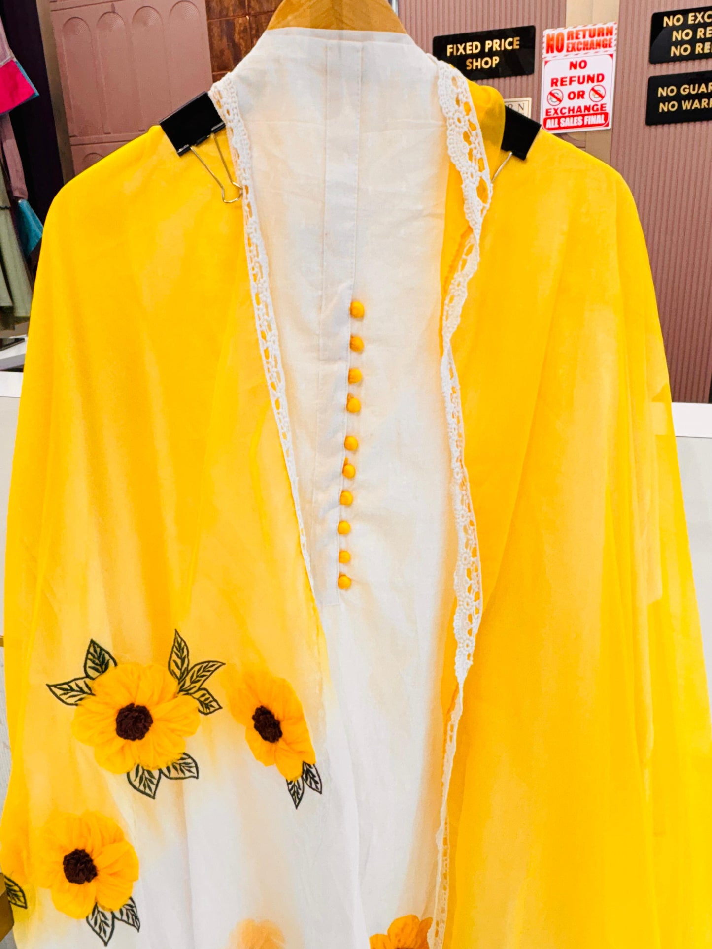 Yellow & White Cotton Unstitched Suit Set with Sunflower Dupatta