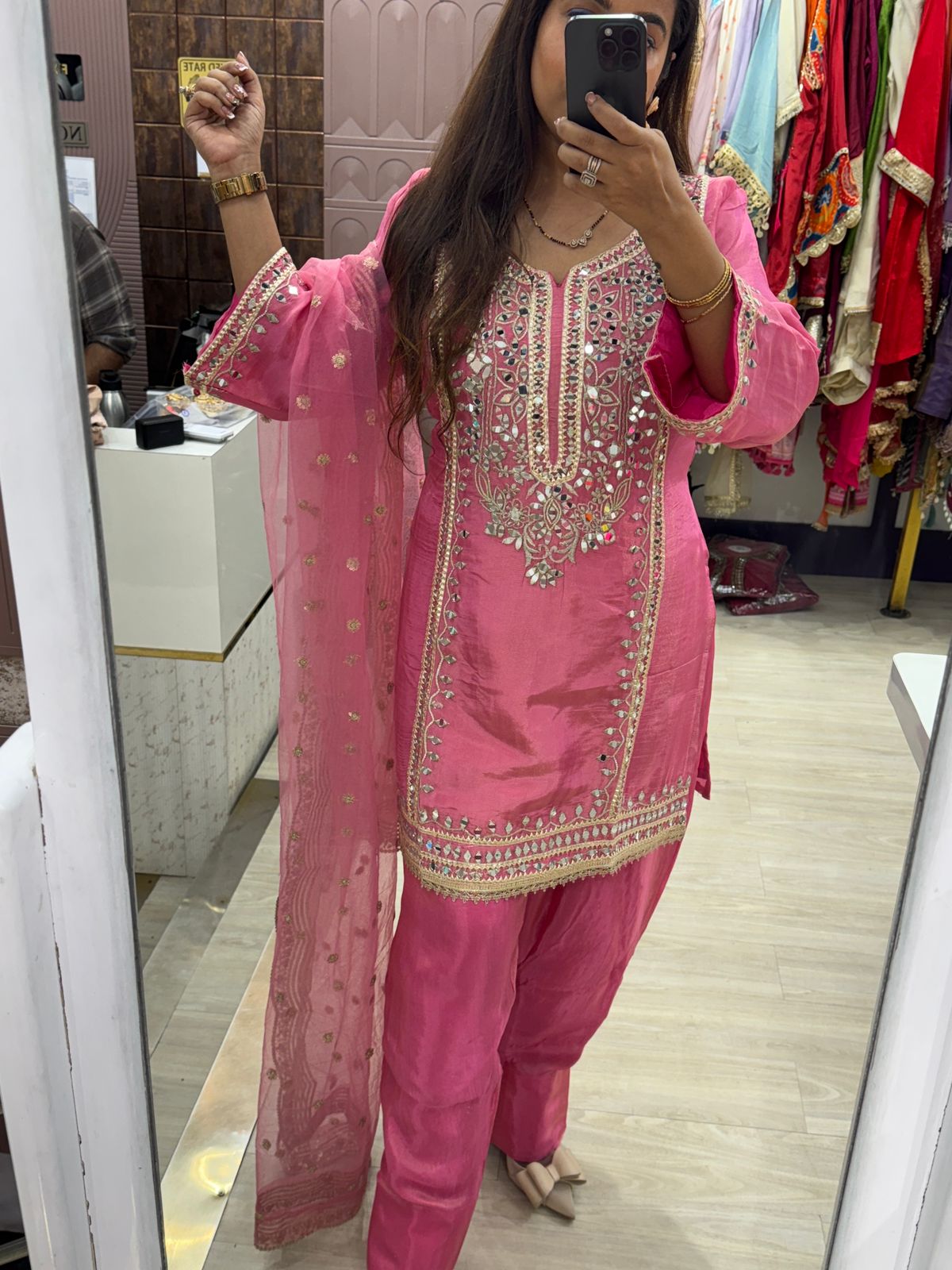 Pink Farshi Salwar Suit with Mirror and Zari Work