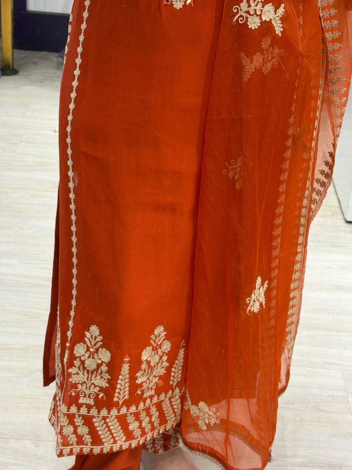 "Rashmika" - Rust Cotton Embroidered 3-Piece Suit Set