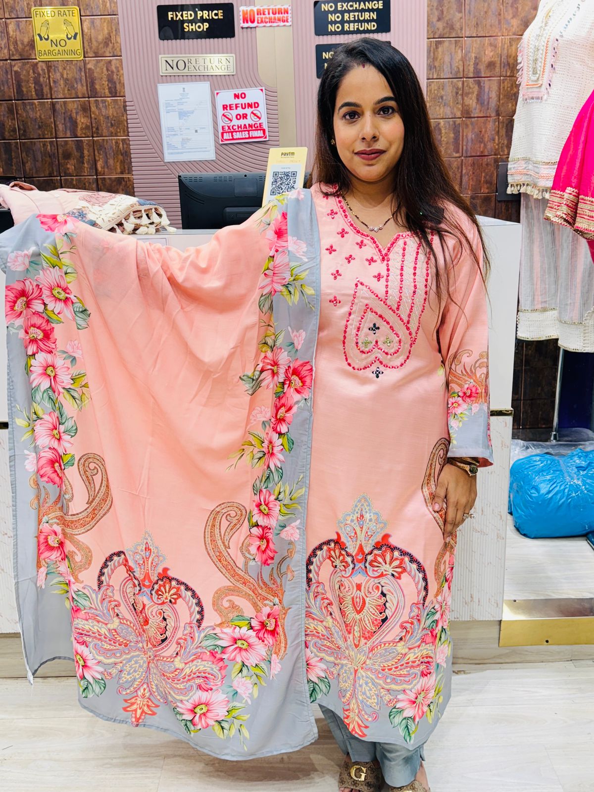 Peach Blossom Printed Kurta Set with Grey Accents