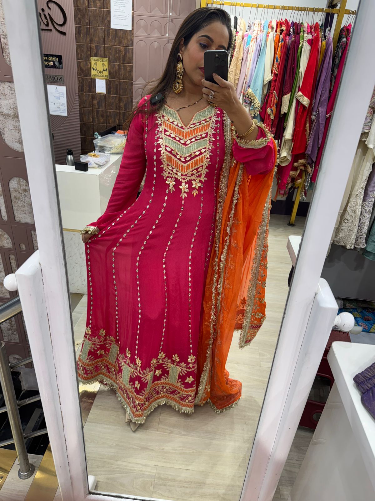 Hot Pink Anarkali Readymade Suit with Heavy Embroidery Work & Contrasting Dupatta