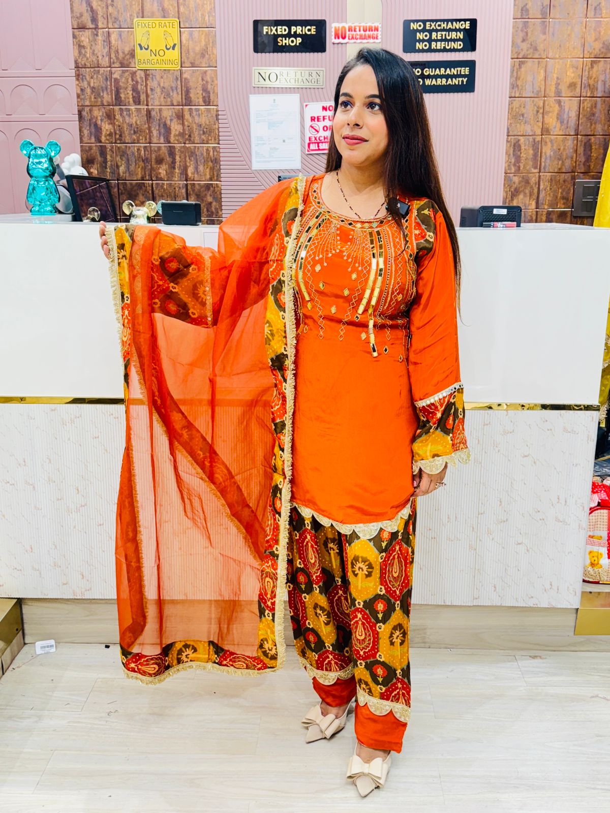 Orange Pure Crepe Kurta Set with Printed Farshi Salwar & Embroidered Dupatta