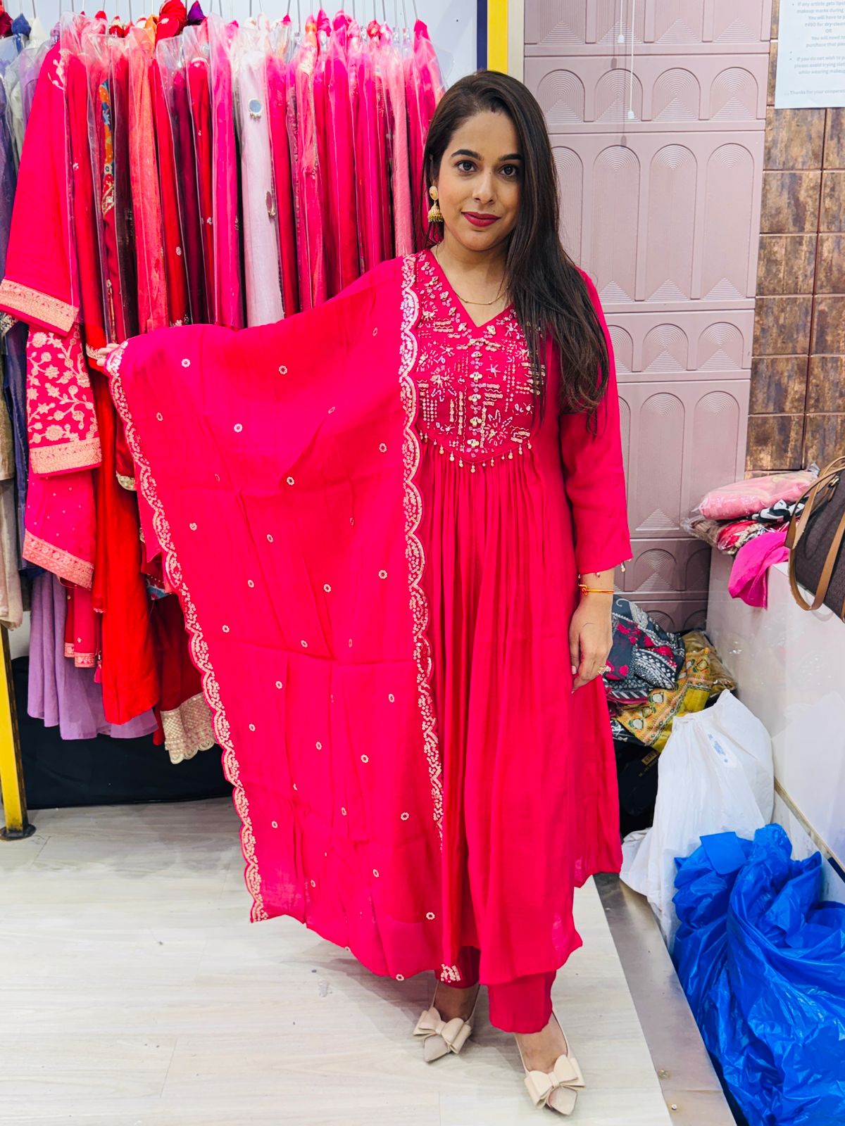 "Nazm"- 3 Piece Hot Pink Suit Set with Tassel Detailing