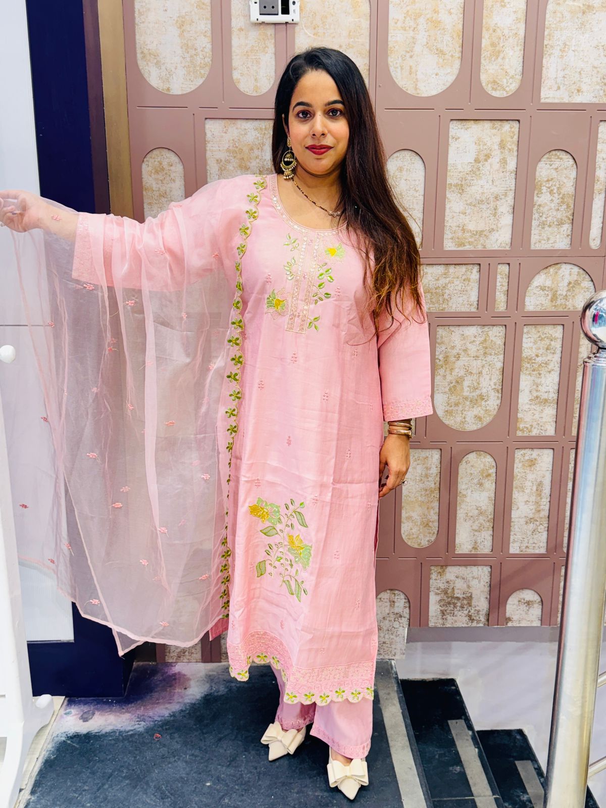 Pastel Pink Embroidered Cotton Suit Set with Dupatta