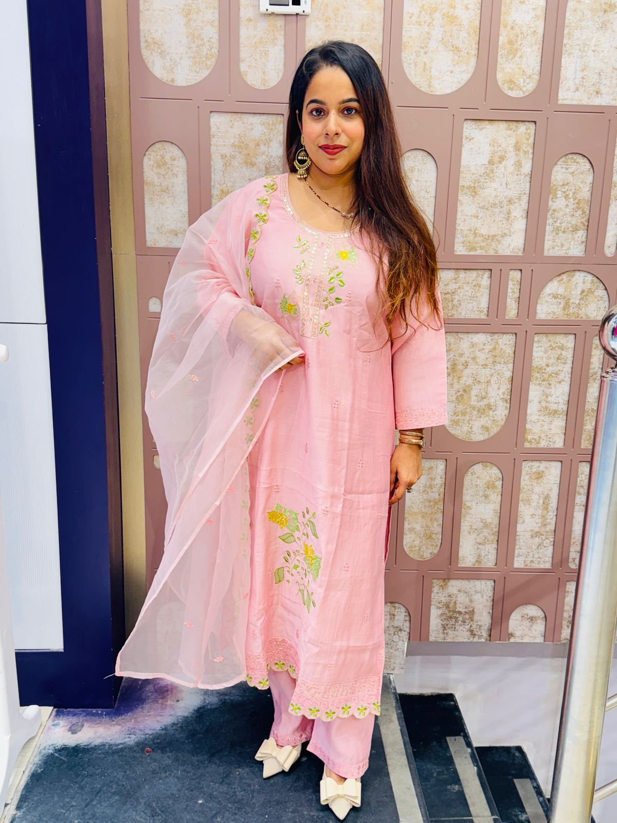 Pastel Pink Embroidered Cotton Suit Set with Dupatta