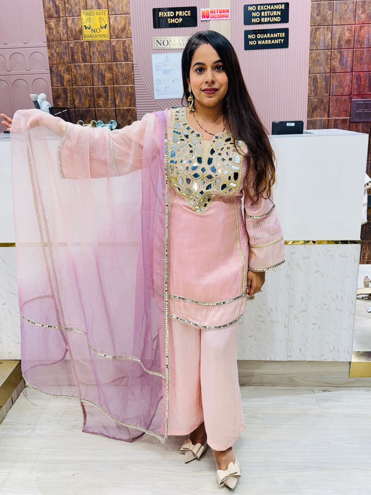 Light Pink Mirror Work Kurta Set with Organza Dupatta