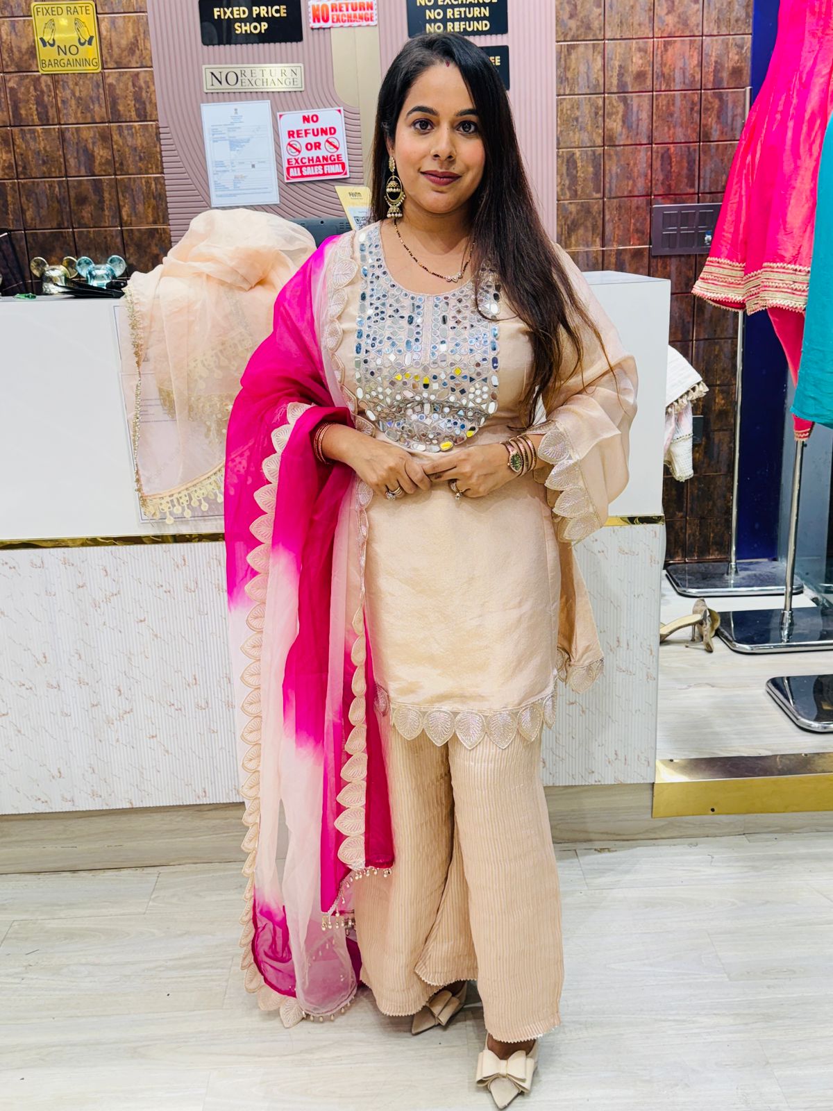 Light Gold Kurta Set with Heavy Mirror Work & Pink Ombre Dupatta