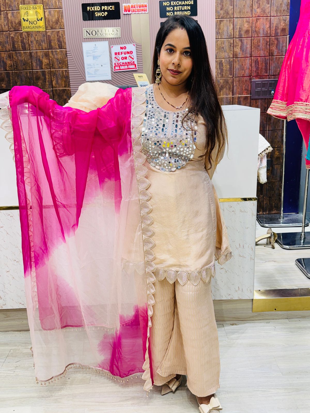 Light Gold Kurta Set with Heavy Mirror Work & Pink Ombre Dupatta