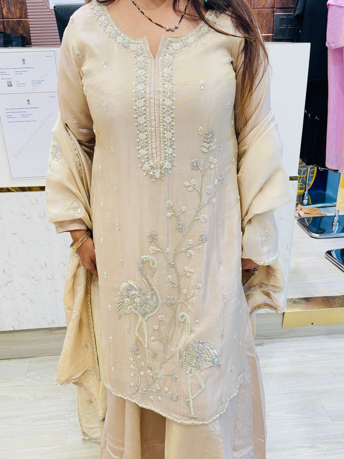 Elegant Beige Kurta Set with Hand-Embroidered Swan Motif