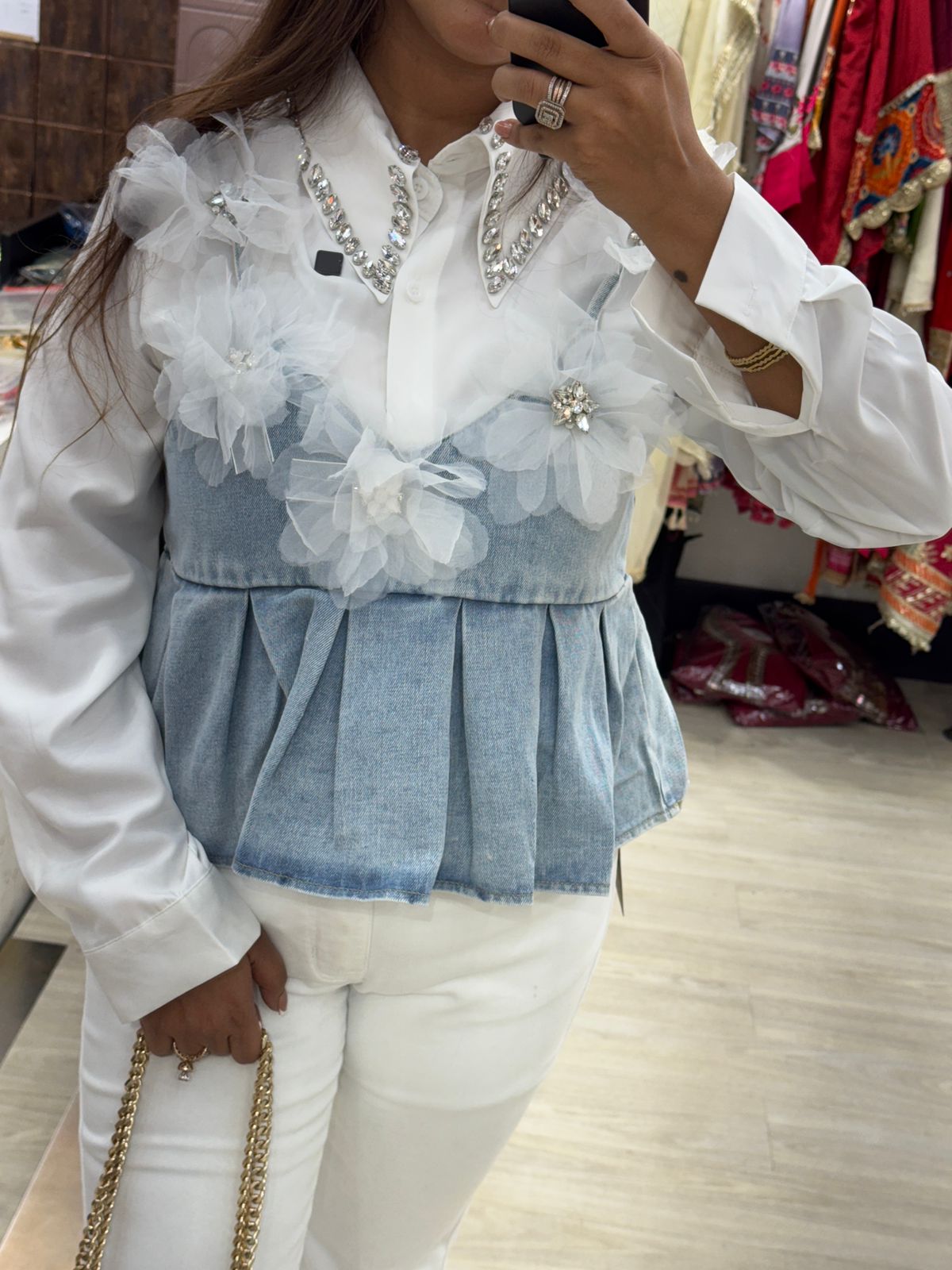 Trendy Two-Piece Shirt with Embellished Denim Jacket Top Set