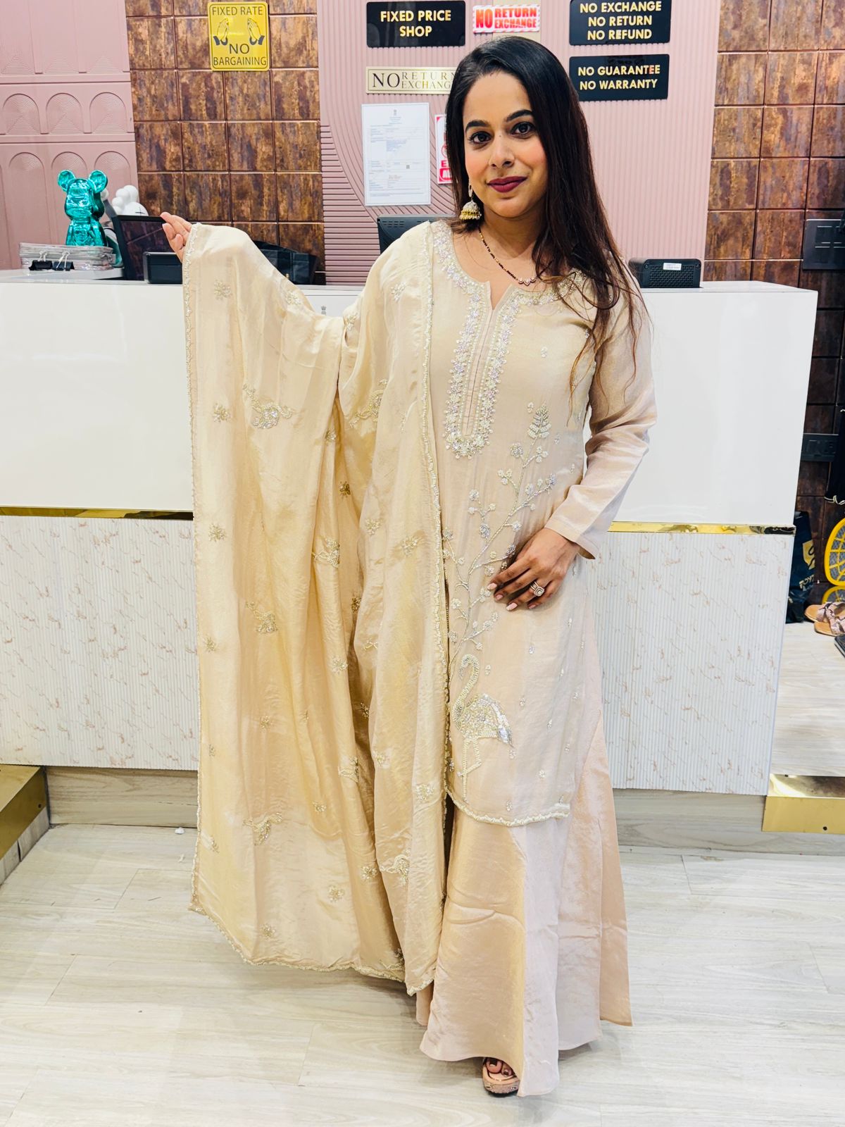 Elegant Beige Kurta Set with Hand-Embroidered Swan Motif