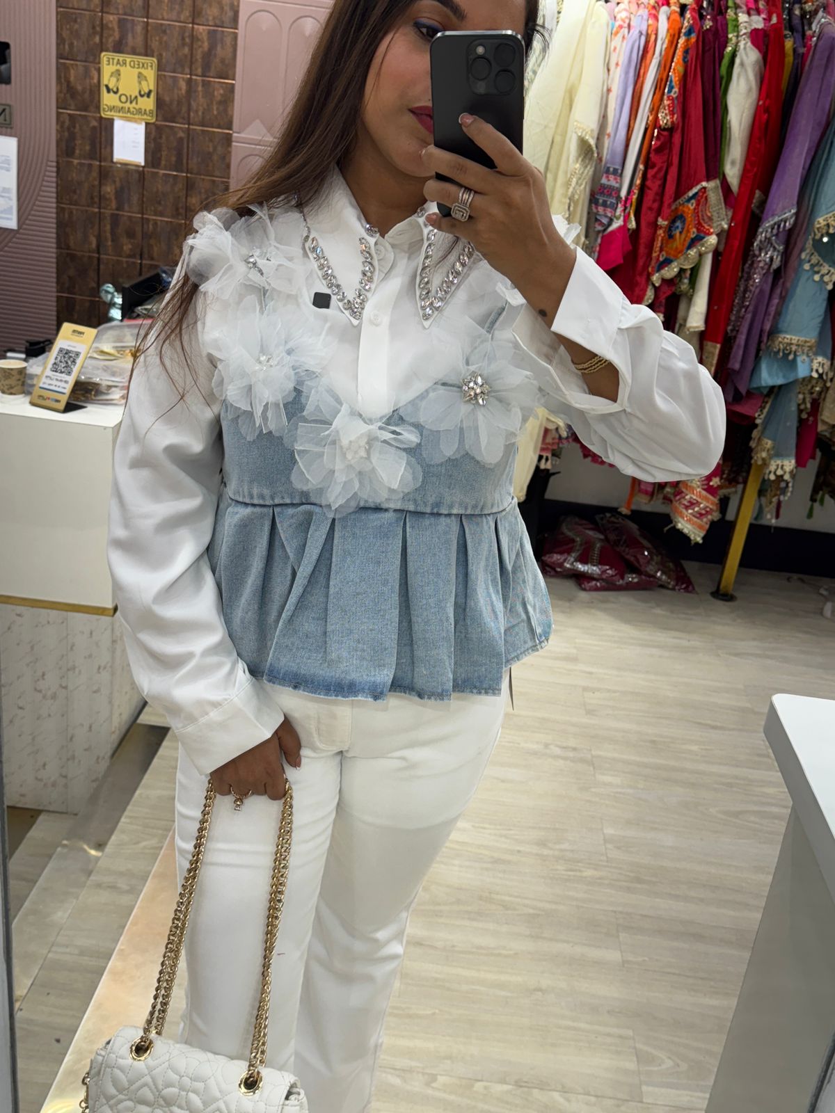 Trendy Two-Piece Shirt with Embellished Denim Jacket Top Set