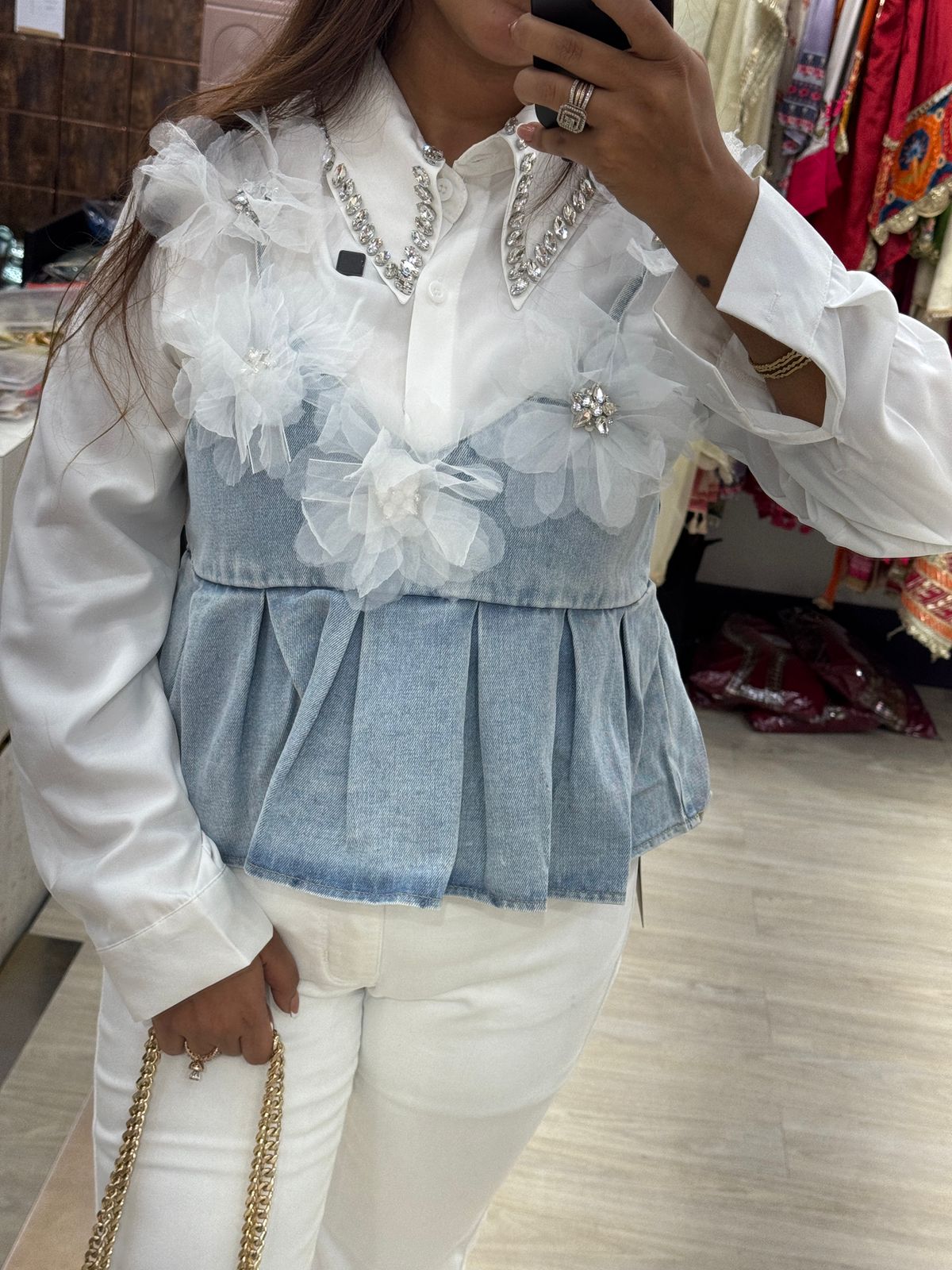 Trendy Two-Piece Shirt with Embellished Denim Jacket Top Set