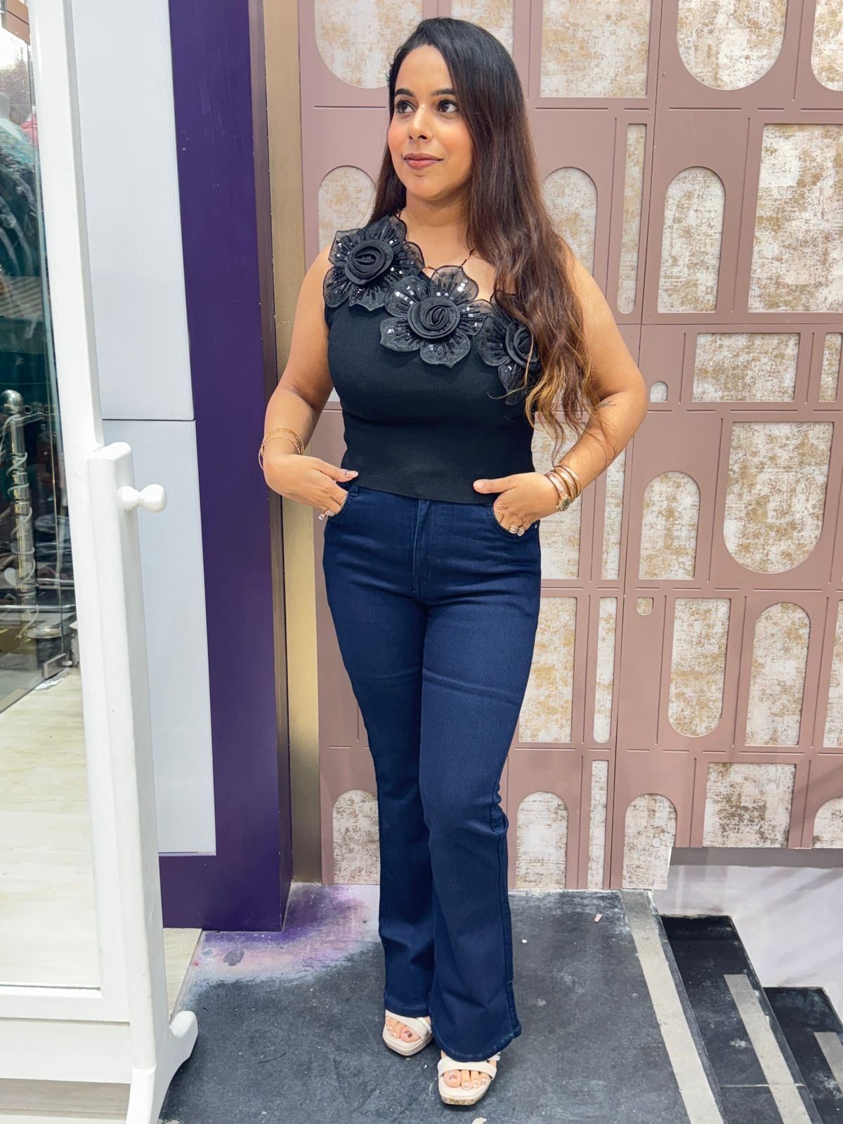 One-Shoulder Free Size Floral Appliqué Top (Black Edition)