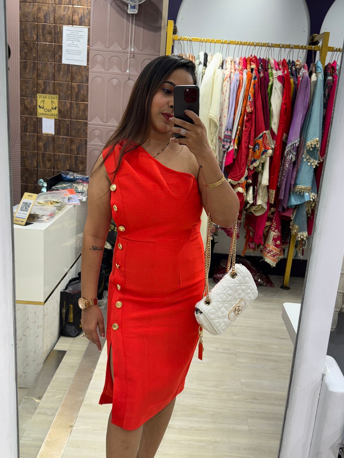Red One-Shoulder Bandage Dress with Gold Button Detailing