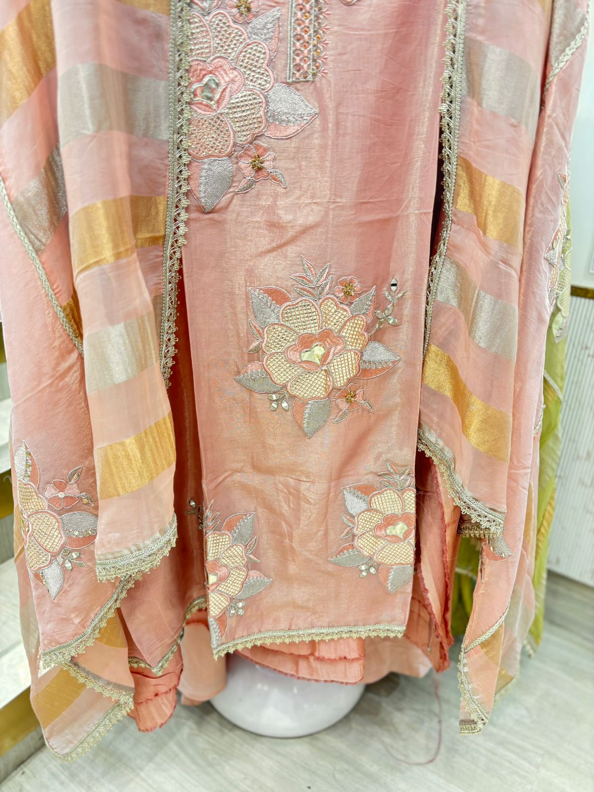 Pastel Pink Unstitched Suit with Embroidery & Striped Dupatta