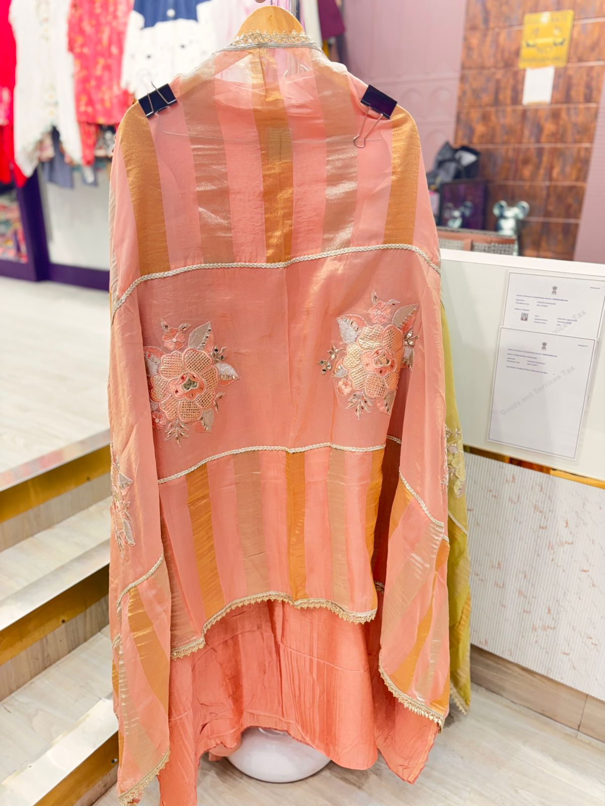 Pastel Pink Unstitched Suit with Embroidery & Striped Dupatta
