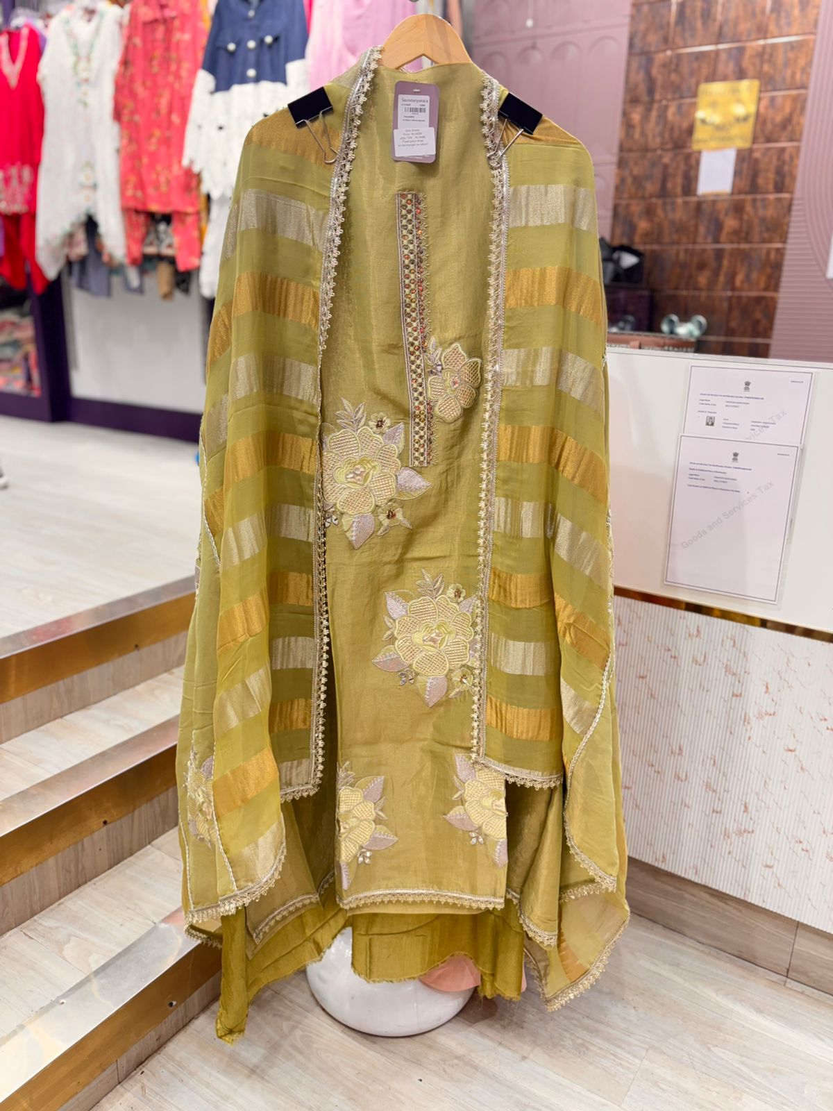 Mehendi Green Unstitched Suit with Embroidery & Striped Dupatta