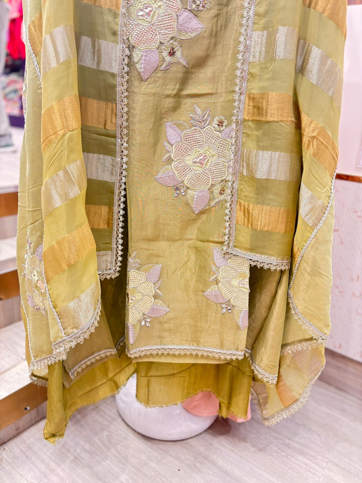 Mehendi Green Unstitched Suit with Embroidery & Striped Dupatta