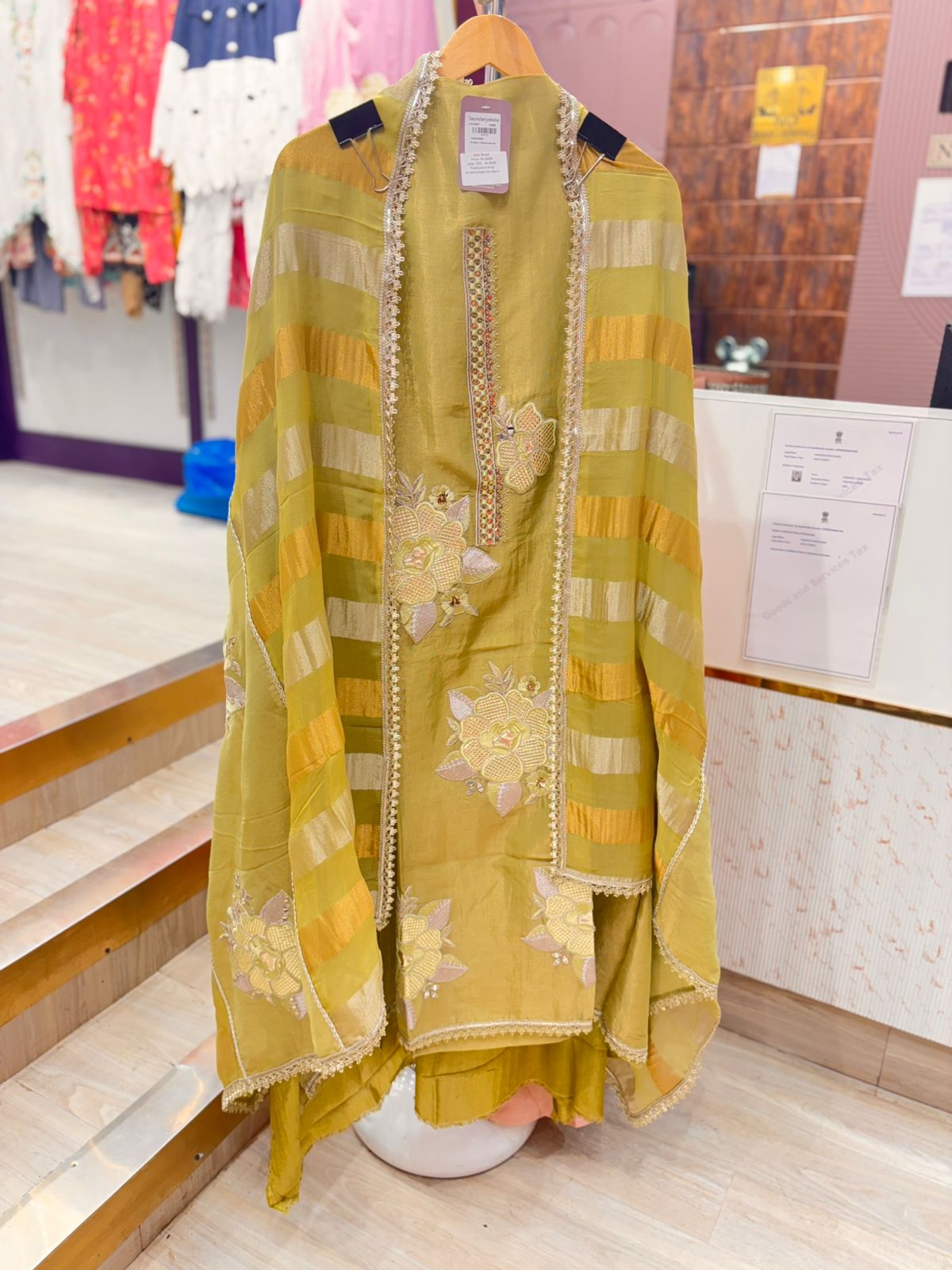 Mehendi Green Unstitched Suit with Embroidery & Striped Dupatta