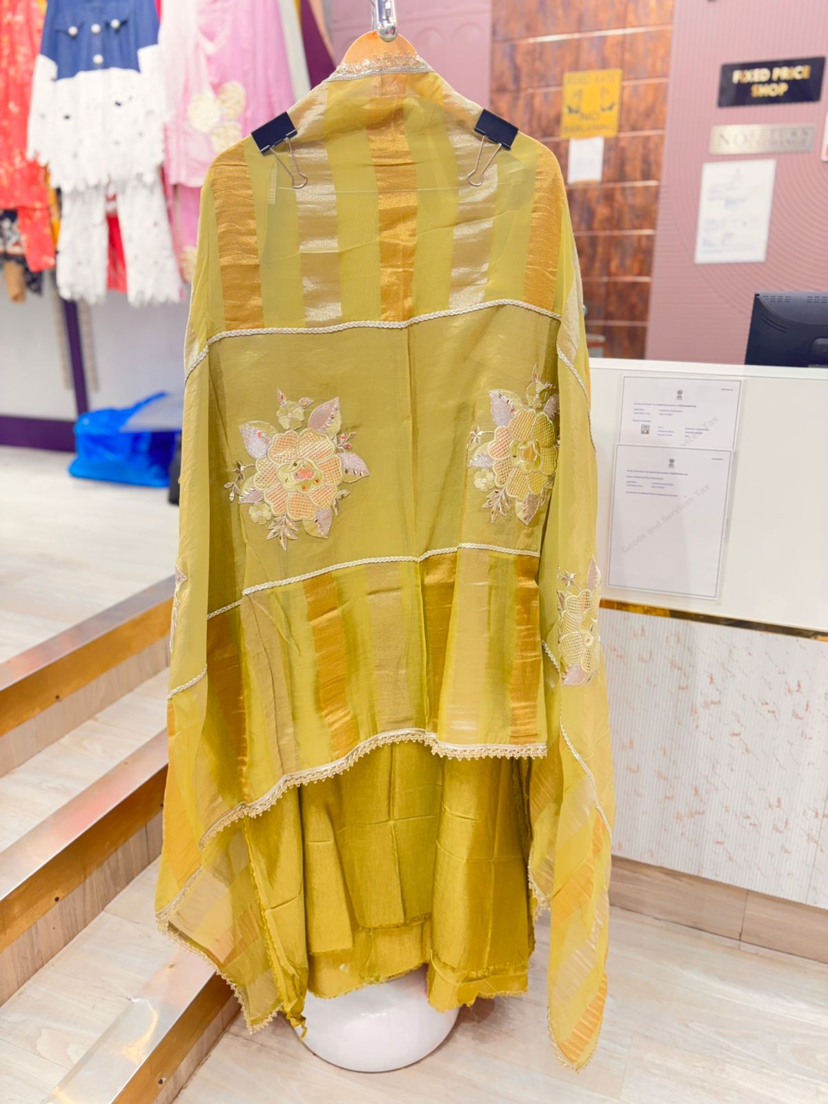 Mehendi Green Unstitched Suit with Embroidery & Striped Dupatta
