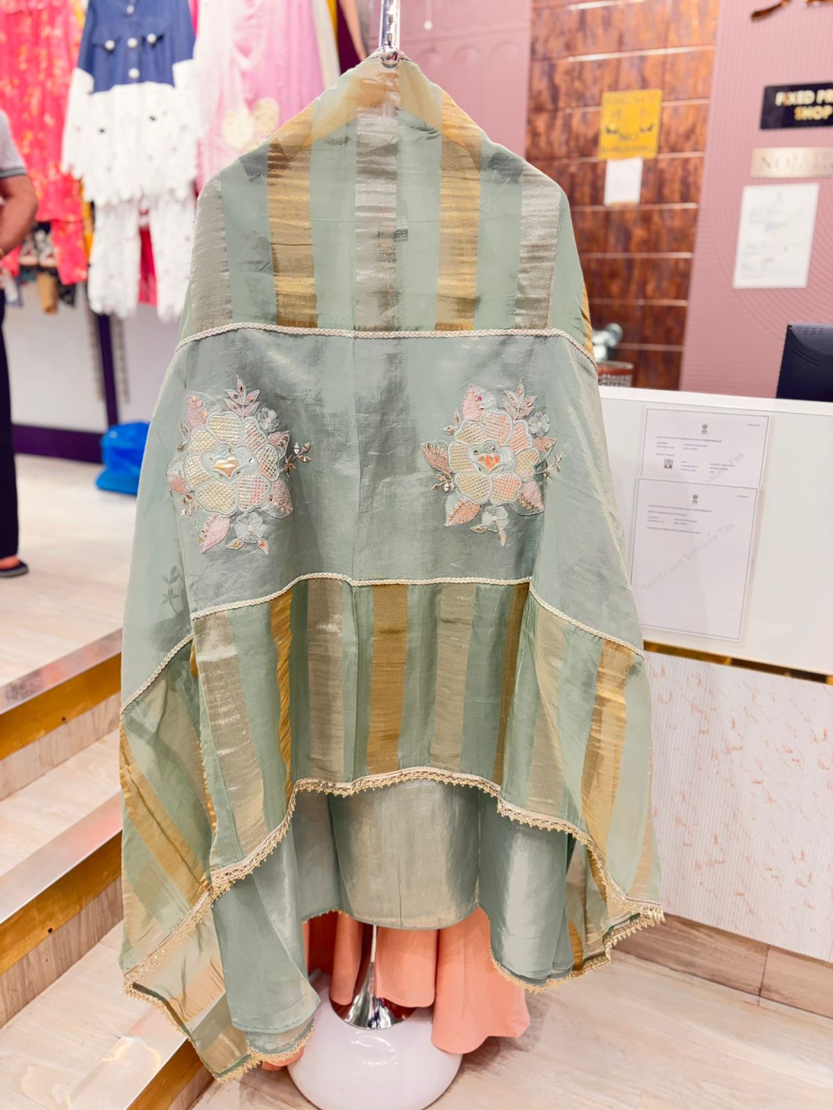 Pastel Green Unstitched Suit with Embroidery & Striped Dupatta