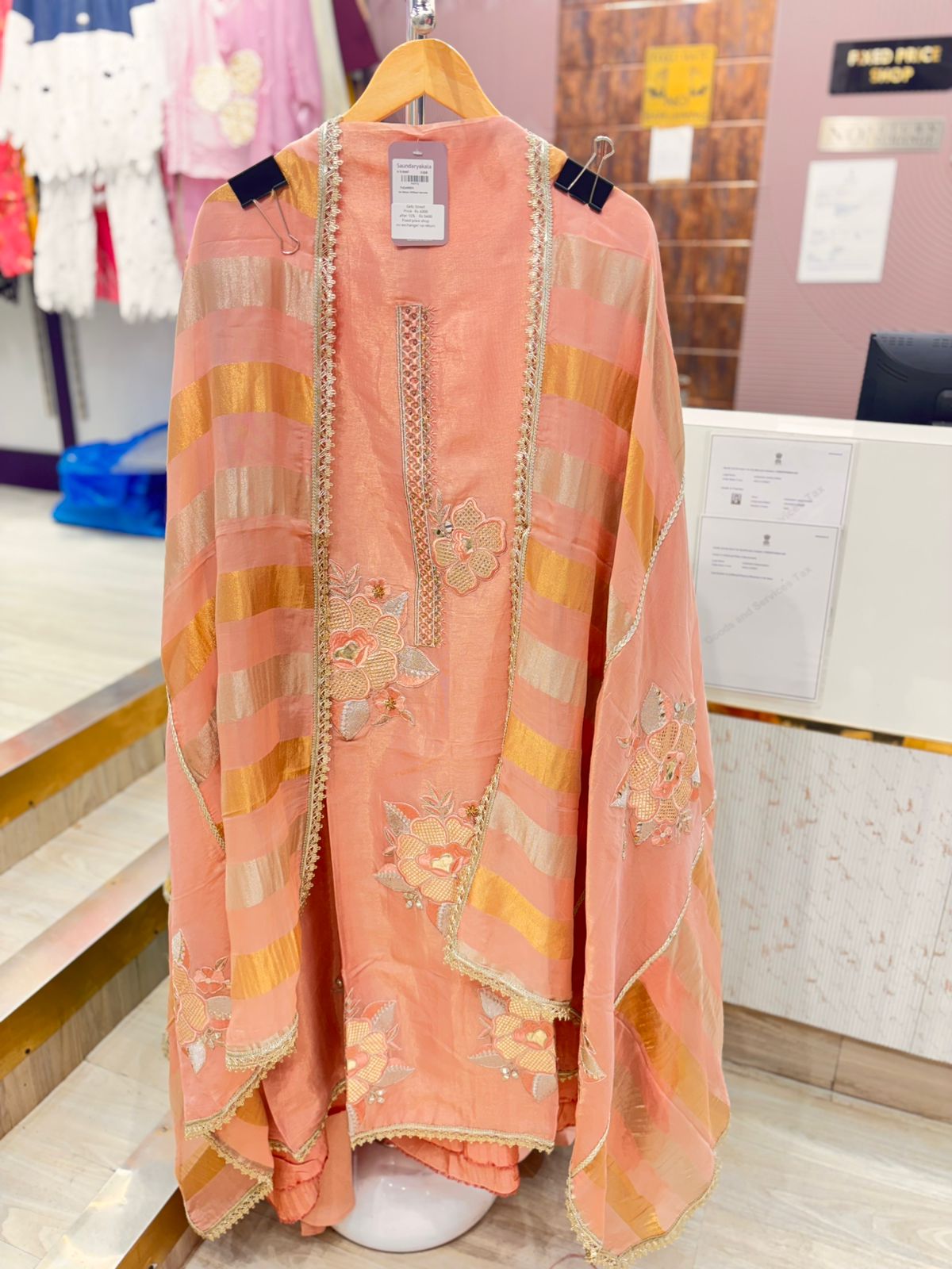 Pastel Pink Unstitched Suit with Embroidery & Striped Dupatta