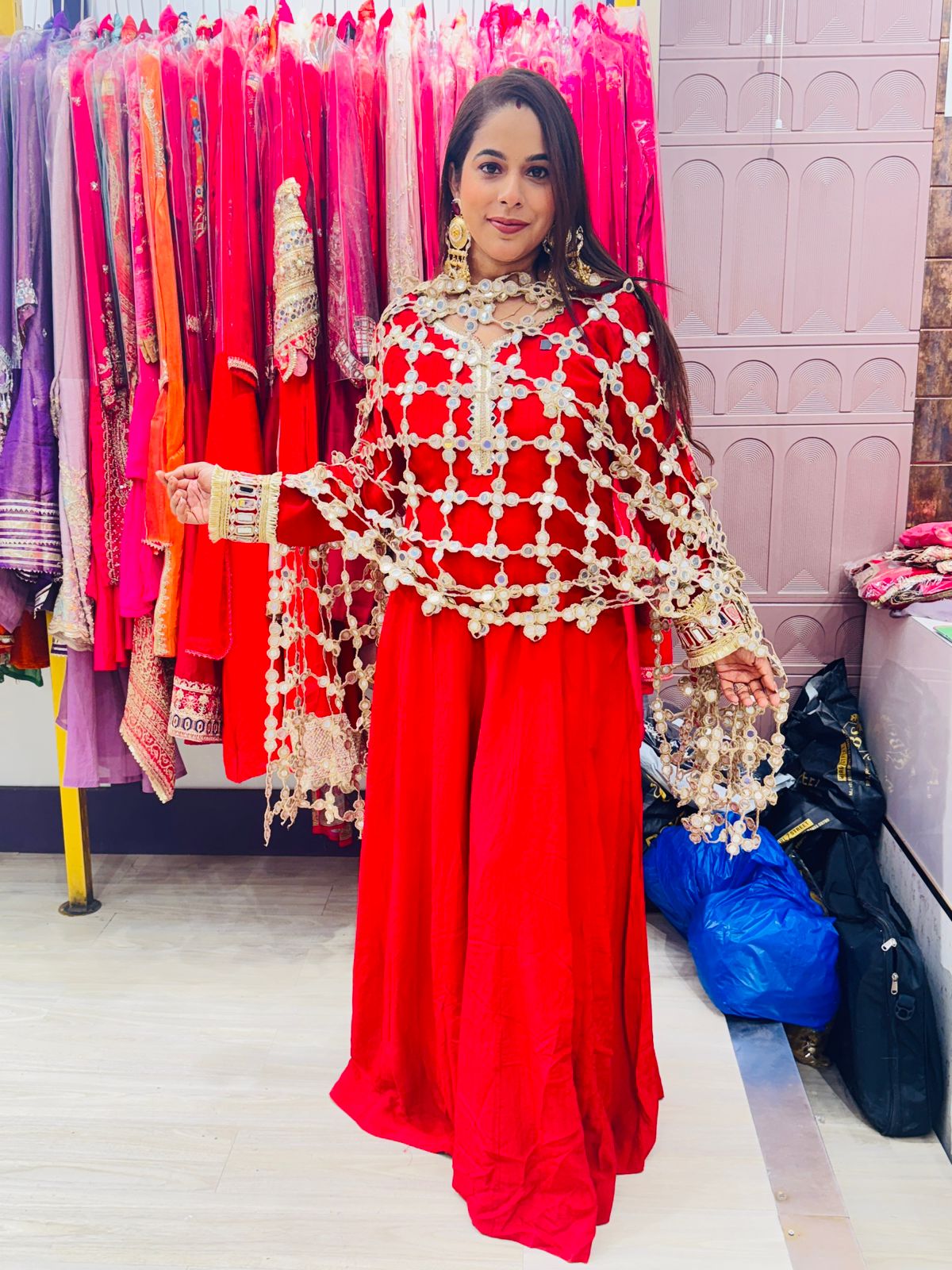"Zehrin"- 2 Piece Red Mirror Work Anarkali Set with Mirror Work Jaal Dupatta