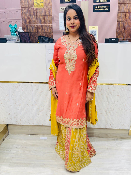 Elegant Orange & Mustard Embroidered Sharara Set