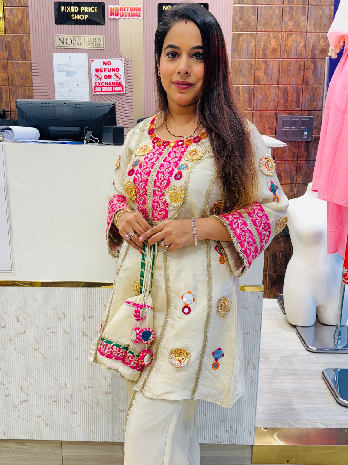 Ivory White Co-Ord Set with Pink Embroidery & Gota Lace Detailing with Potli Bag