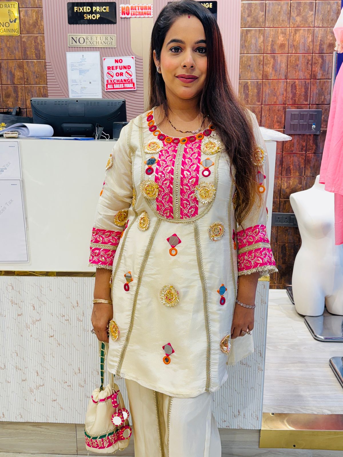 Ivory White Co-Ord Set with Pink Embroidery & Gota Lace Detailing with Potli Bag